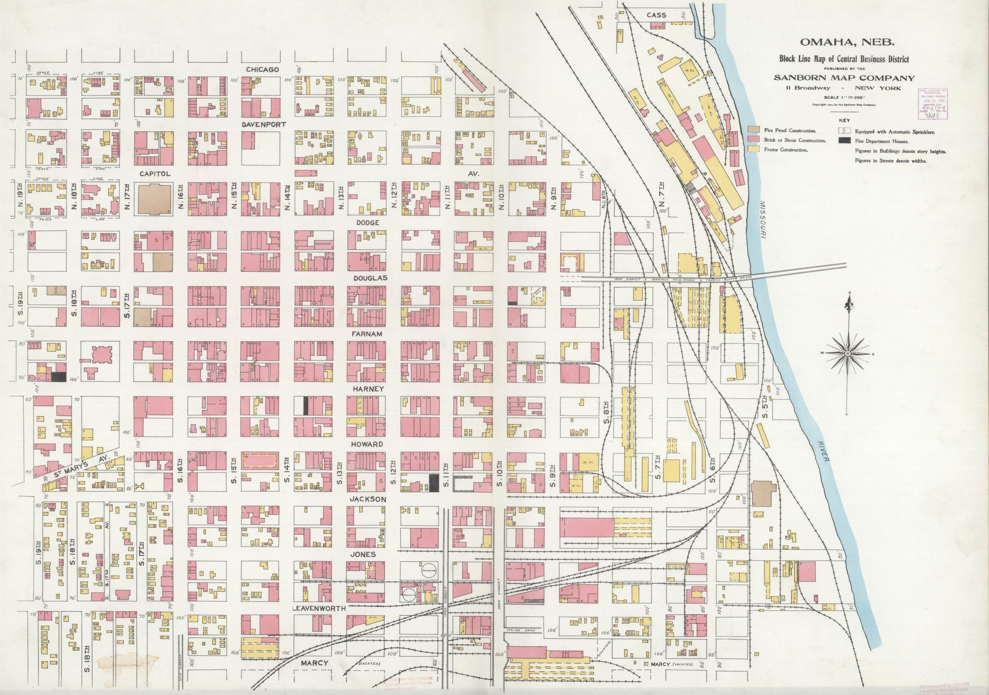 Sanborn Fire Insurance Map from Omaha, Douglas And Sarpy County, Nebraska (1905), Sheet #0001 - Historic Sanborn Fire Insurance Map Print, vintage old map wall art, antique decor, genealogy gift, Nebraska Nebraska map