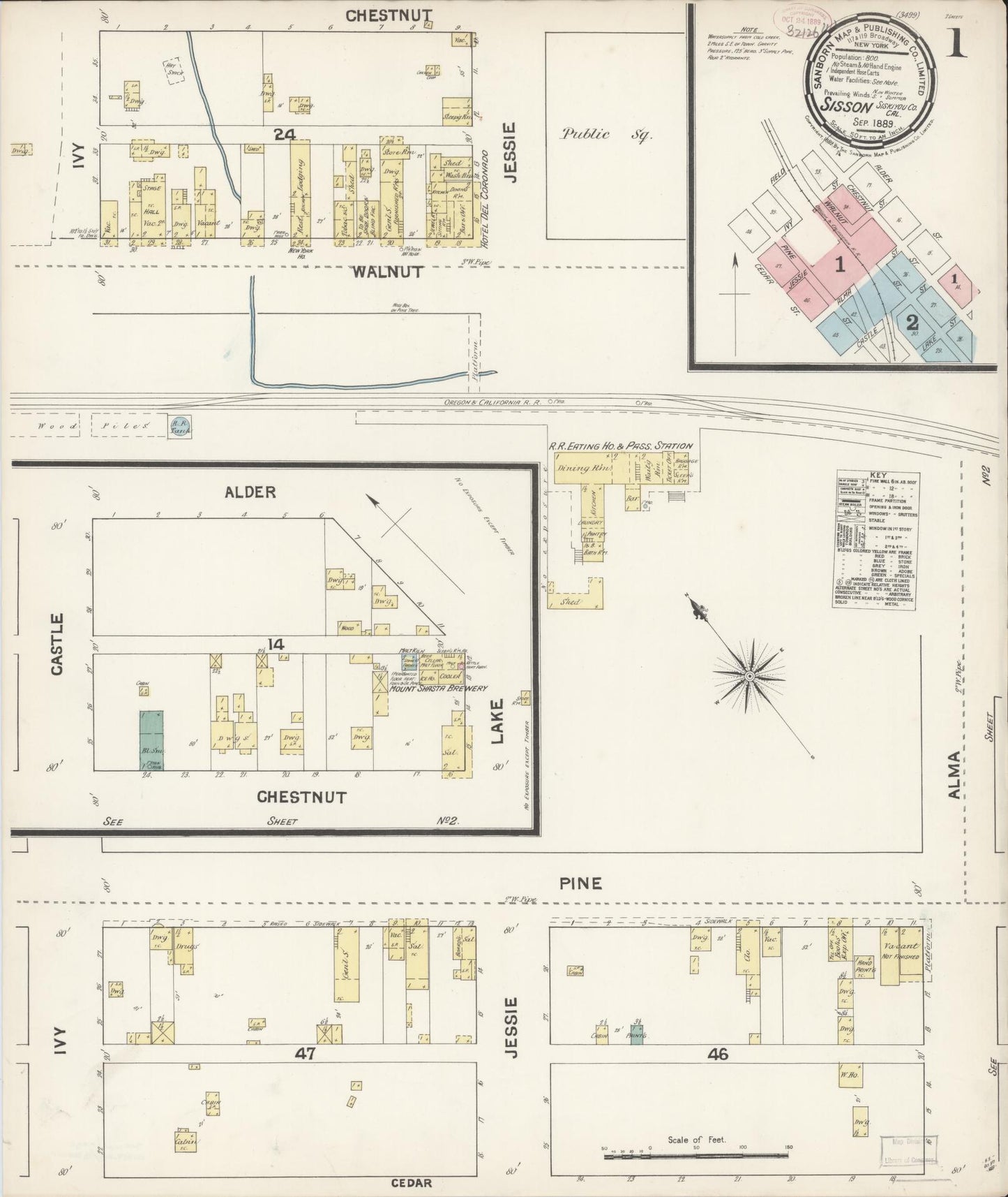Sanborn Fire Insurance Map from Sisson, Siskiyou County, California (1889), Sheet #0001 - Complete Map Set gallery image, historic Sanborn map, vintage wall art, California California