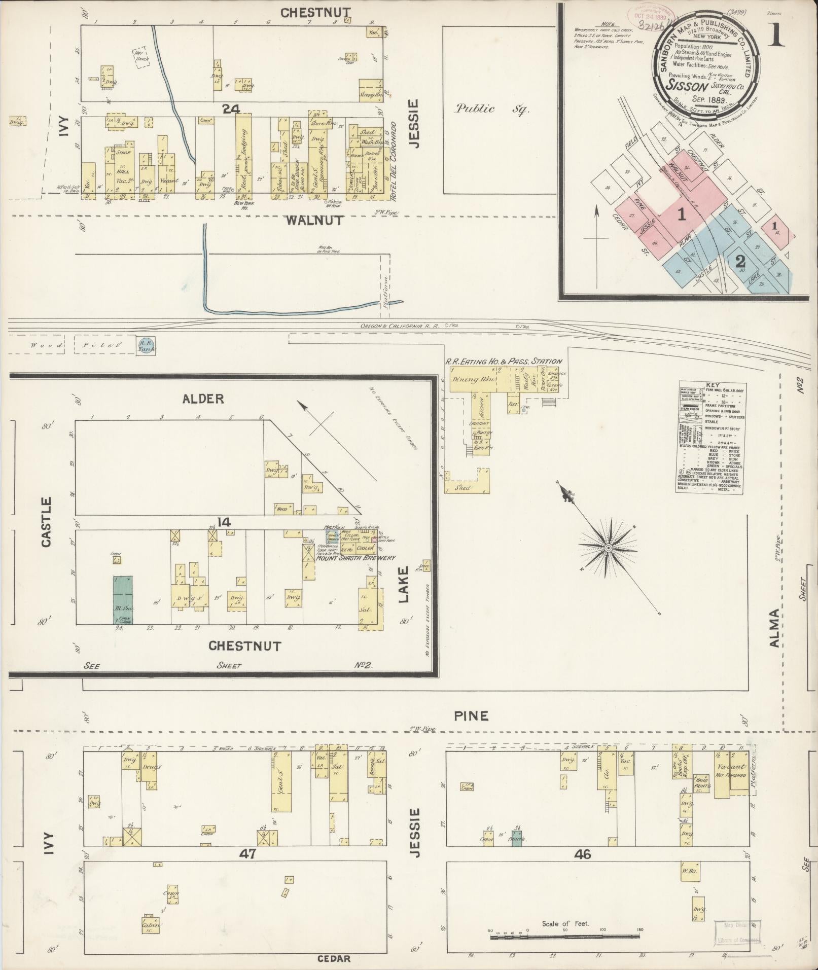 Sanborn Fire Insurance Map from Sisson, Siskiyou County, California (1889), Sheet #0001 - Complete Map Set gallery image, historic Sanborn map, vintage wall art, California California