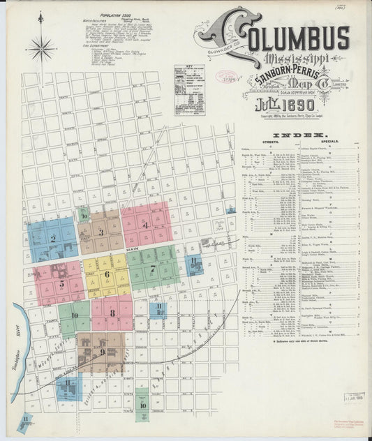 Sanborn Fire Insurance Map from Columbus, Lowndes County, Mississippi (1890), Sheet #0001 - Complete Map Set gallery image, historic Sanborn map, vintage wall art, Mississippi Mississippi
