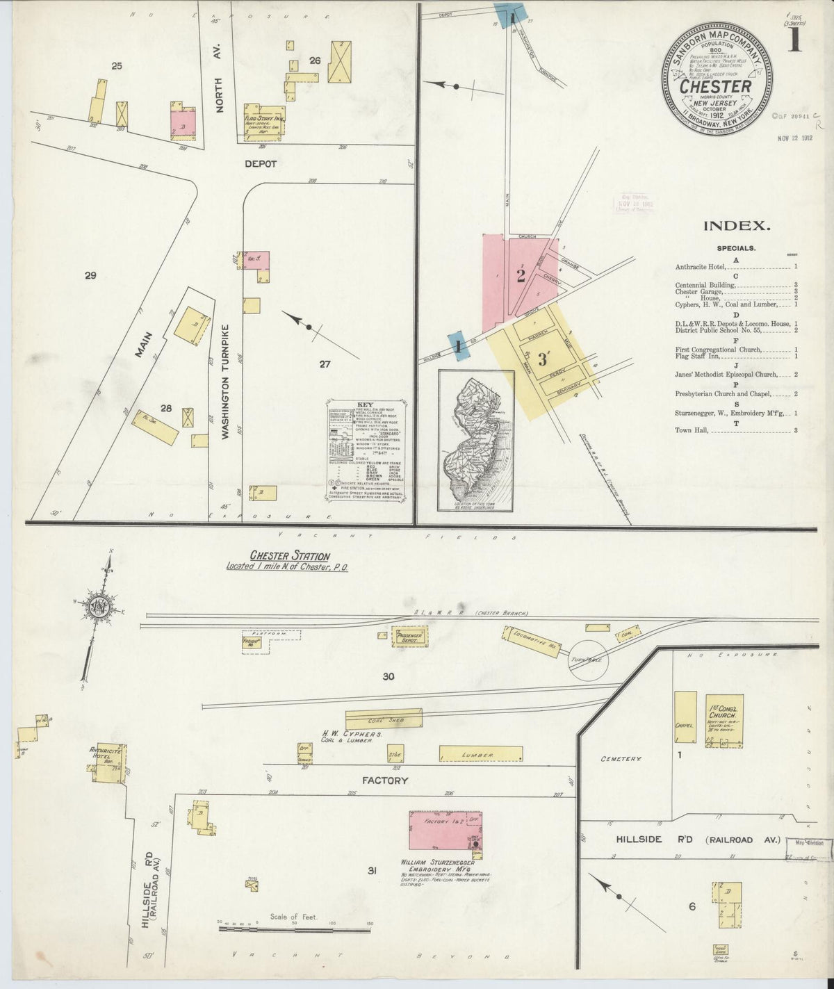 Sanborn Fire Insurance Map from Chester, Morris County, New Jersey (1912), Sheet #0001 - Historic Sanborn Fire Insurance Map Print, vintage old map wall art, antique decor, genealogy gift, New Jersey New Jersey map