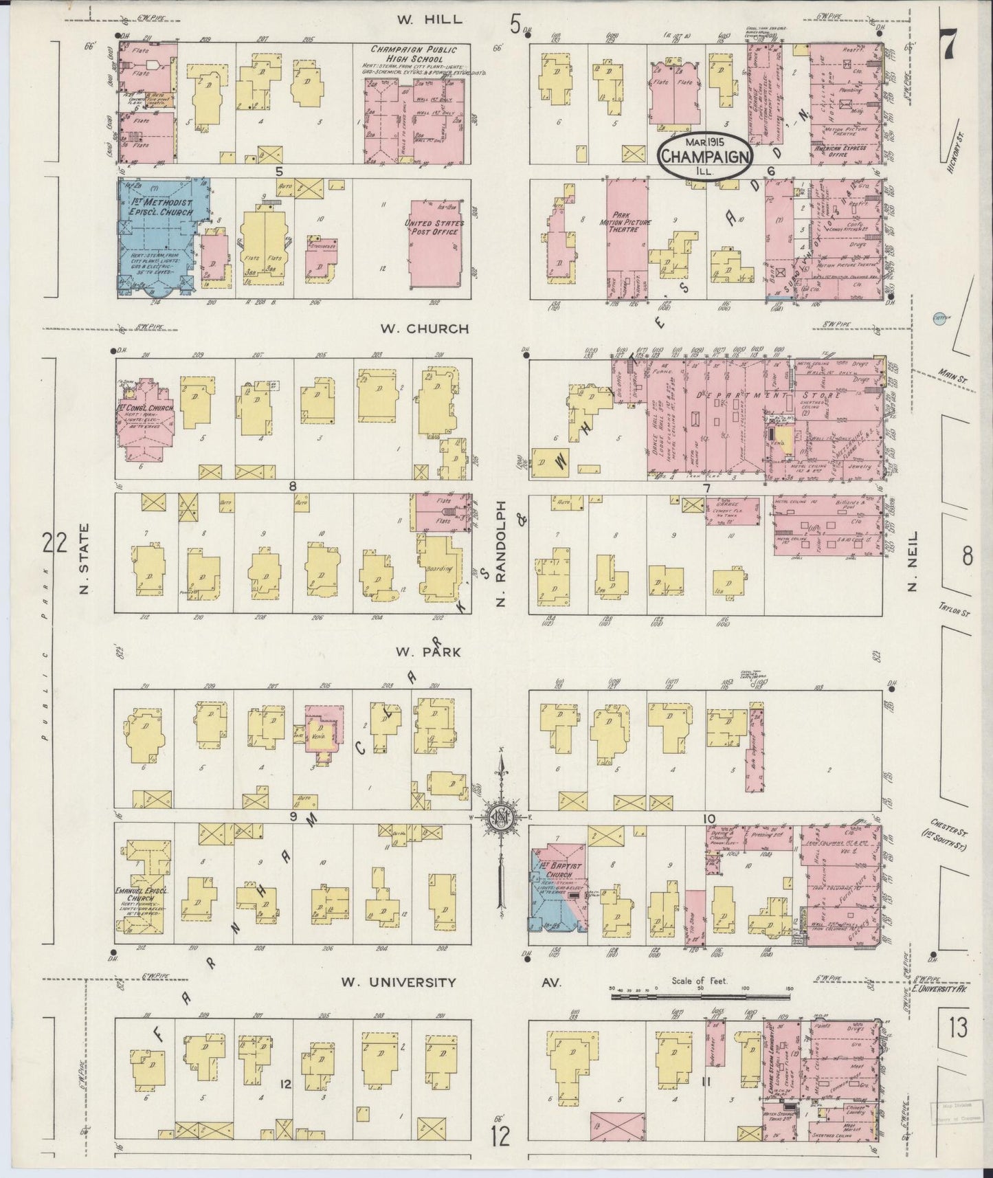 Sanborn Fire Insurance Map from Champaign, Champaign County, Illinois (1915), Sheet #0007 - Complete Map Set gallery image, historic Sanborn map, vintage wall art, Illinois Illinois