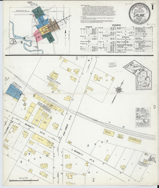Sanborn Fire Insurance Map from Saline, Washtenaw County, Michigan (1921), Sheet #0001 - Historic Sanborn Fire Insurance Map Print, vintage old map wall art, antique decor, genealogy gift, Michigan Michigan map