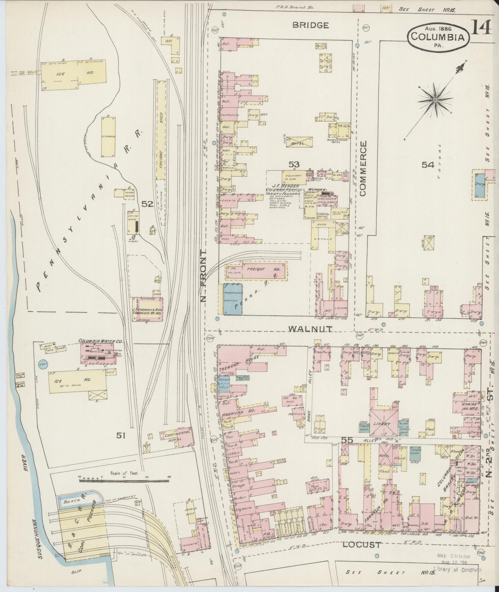 Sanborn Fire Insurance Map from Columbia, Lancaster County, Pennsylvania (1886), Sheet #0014 - Historic Sanborn Fire Insurance Map Print, vintage old map wall art, antique decor, genealogy gift, Pennsylvania Pennsylvania map