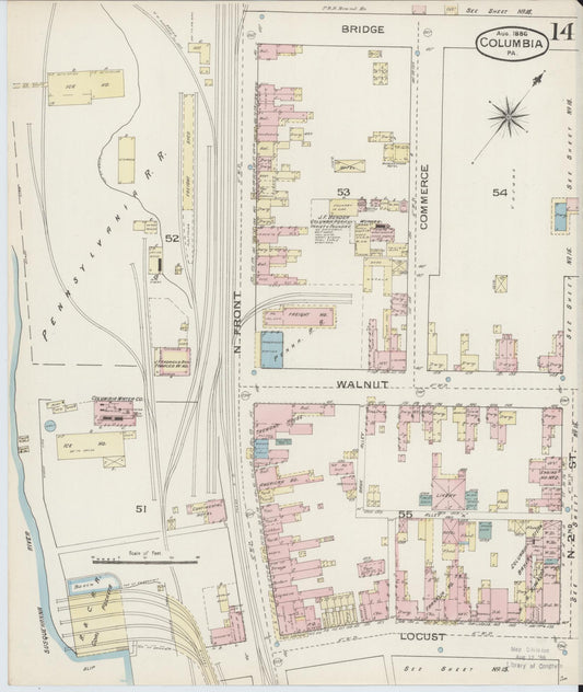 Sanborn Fire Insurance Map from Columbia, Lancaster County, Pennsylvania (1886), Sheet #0014 - Historic Sanborn Fire Insurance Map Print, vintage old map wall art, antique decor, genealogy gift, Pennsylvania Pennsylvania map