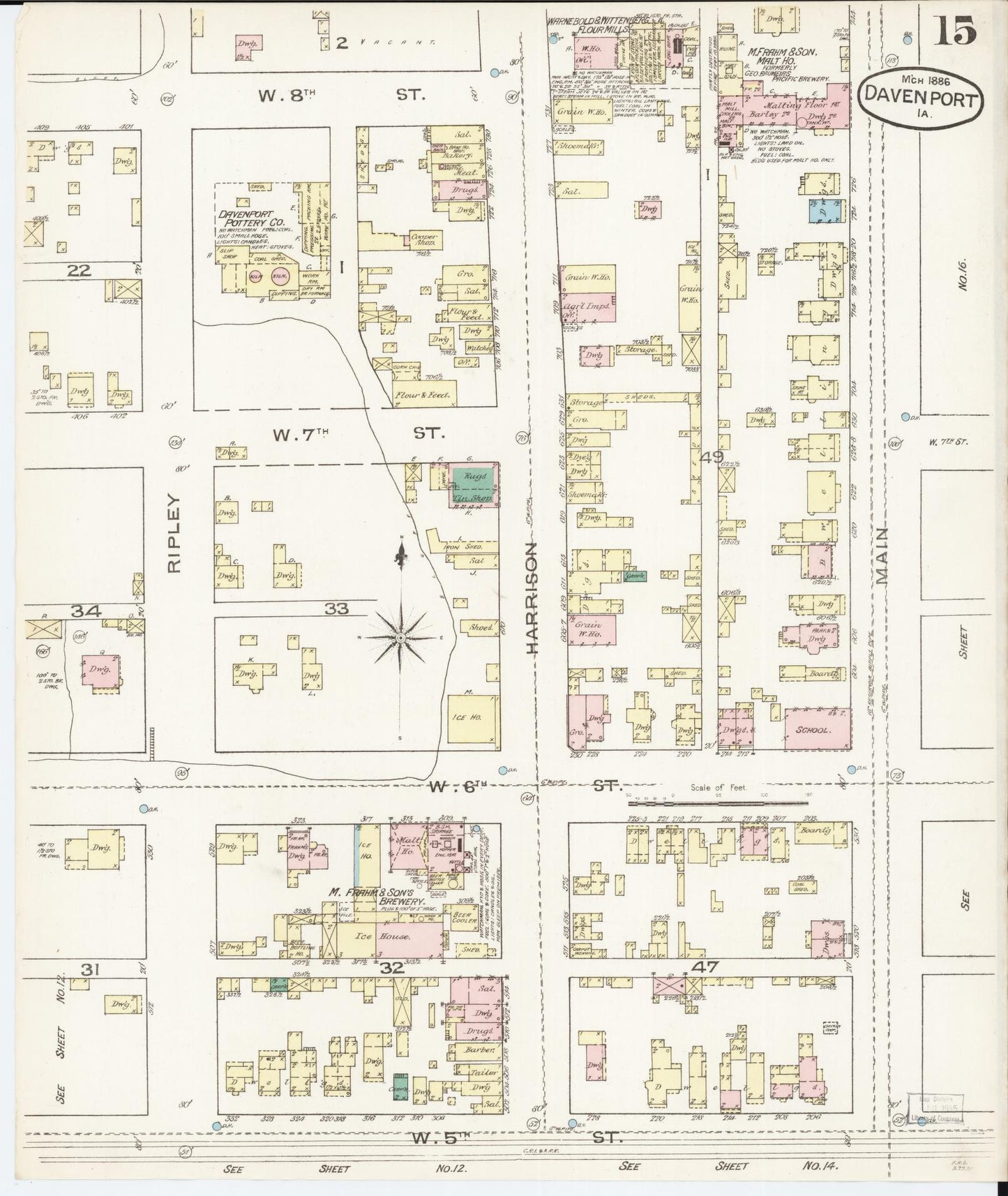 Sanborn Fire Insurance Map from Davenport, Scott County, Iowa (1886), Sheet #0015 - Historic Sanborn Fire Insurance Map Print, vintage old map wall art