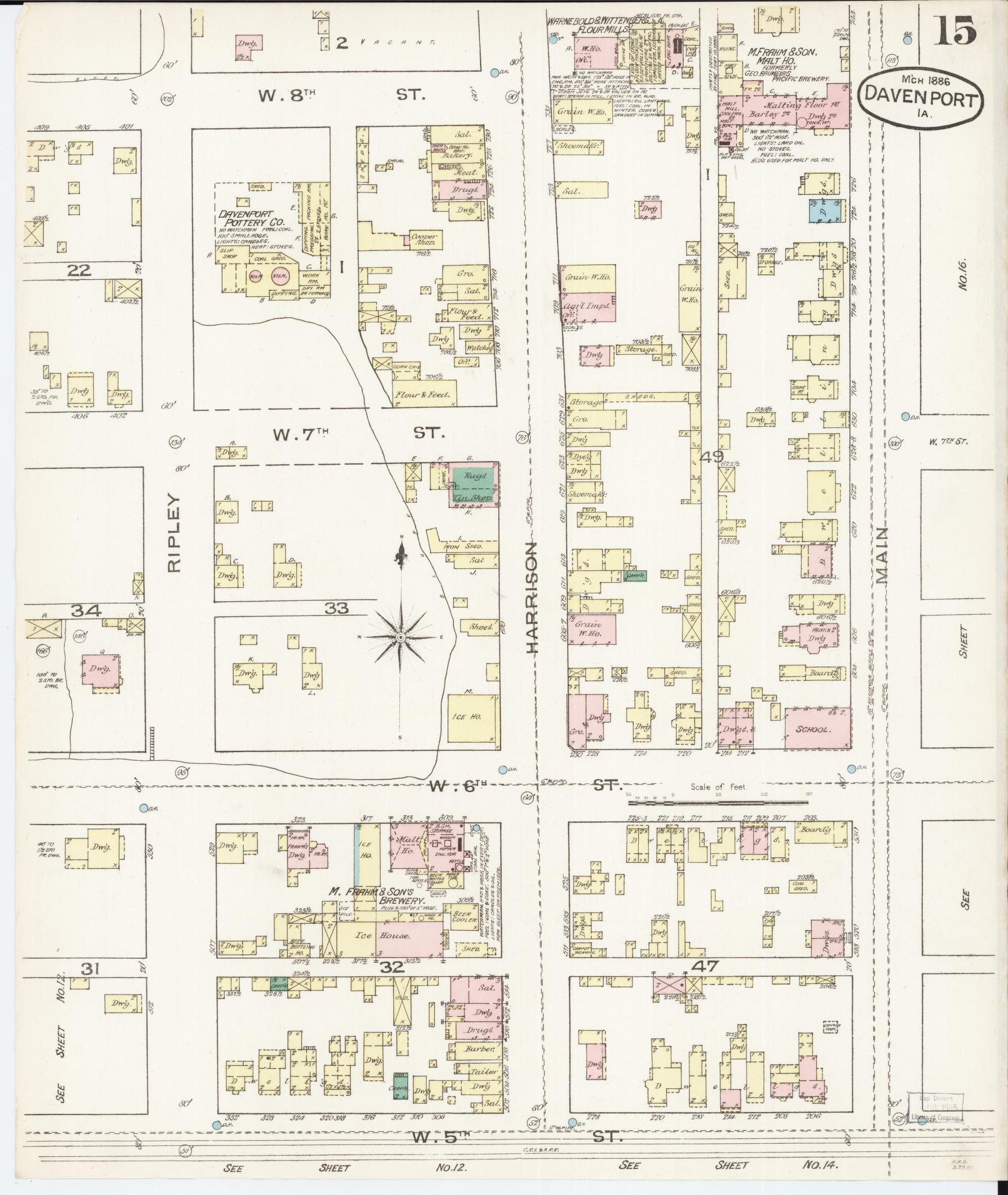 Sanborn Fire Insurance Map from Davenport, Scott County, Iowa (1886), Sheet #0015 - Historic Sanborn Fire Insurance Map Print, vintage old map wall art