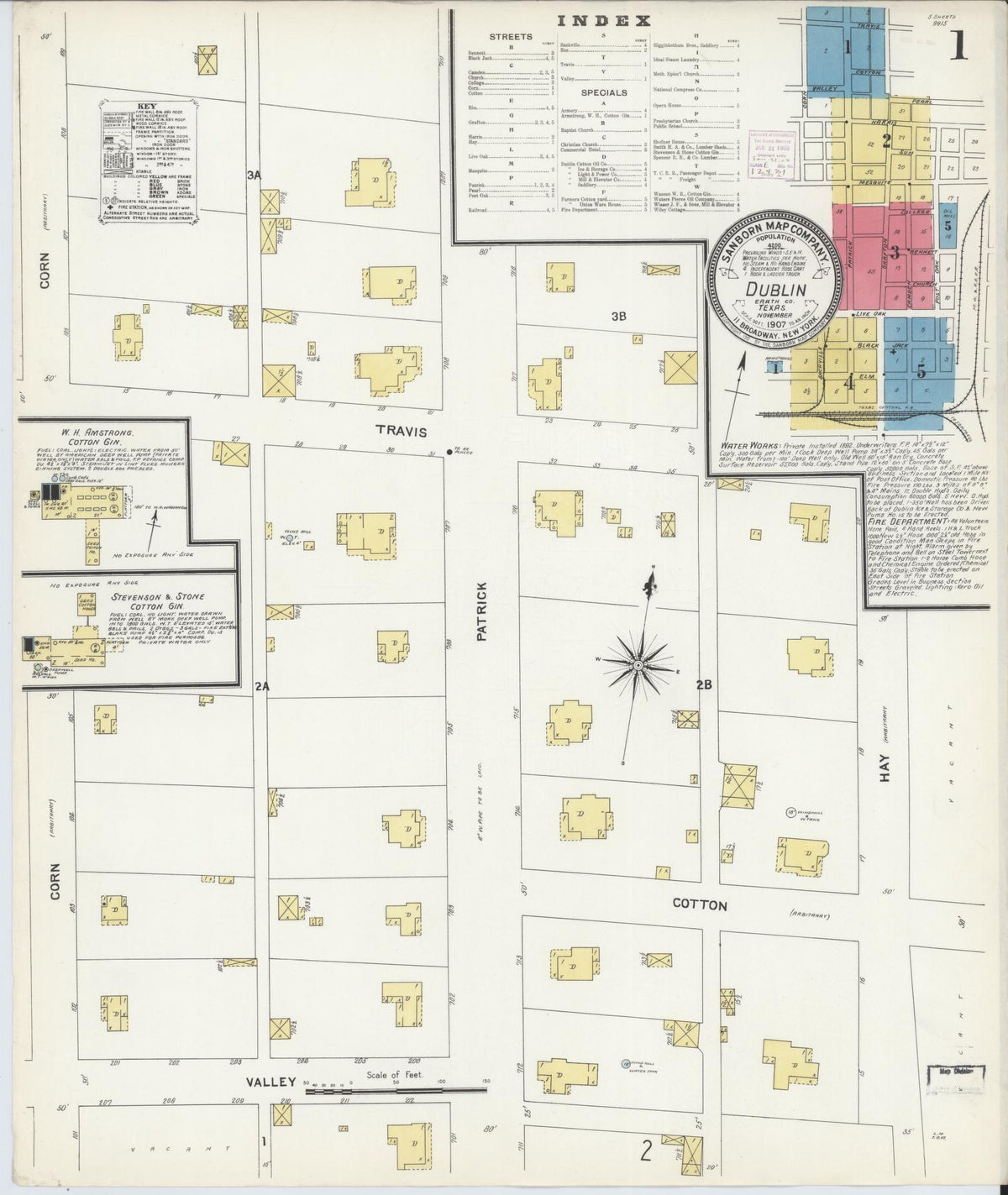 Sanborn Fire Insurance Map from Dublin, Erath County, Texas (1907), Sheet #0001 - Historic Sanborn Fire Insurance Map Print, vintage old map wall art, antique decor, genealogy gift, Texas Texas map