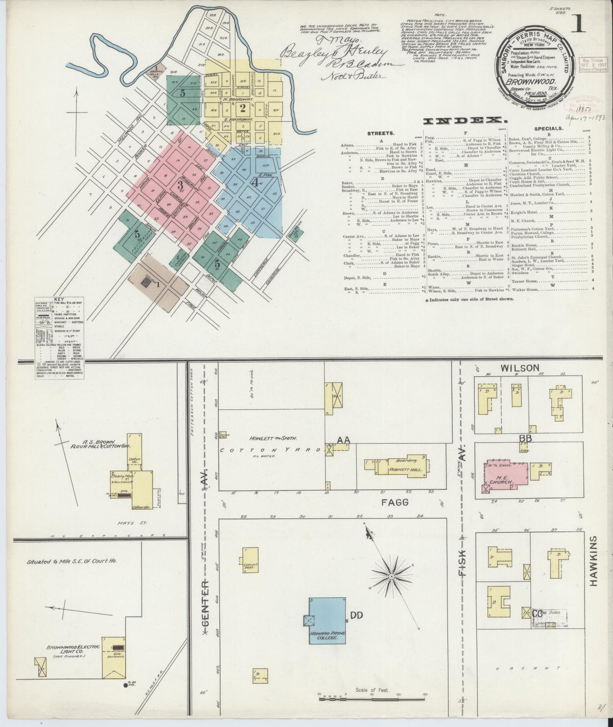 Sanborn Fire Insurance Map from Brownwood, Brown County, Texas (1893), Sheet #0001 - Complete Map Set gallery image, historic Sanborn map, vintage wall art, Texas Texas