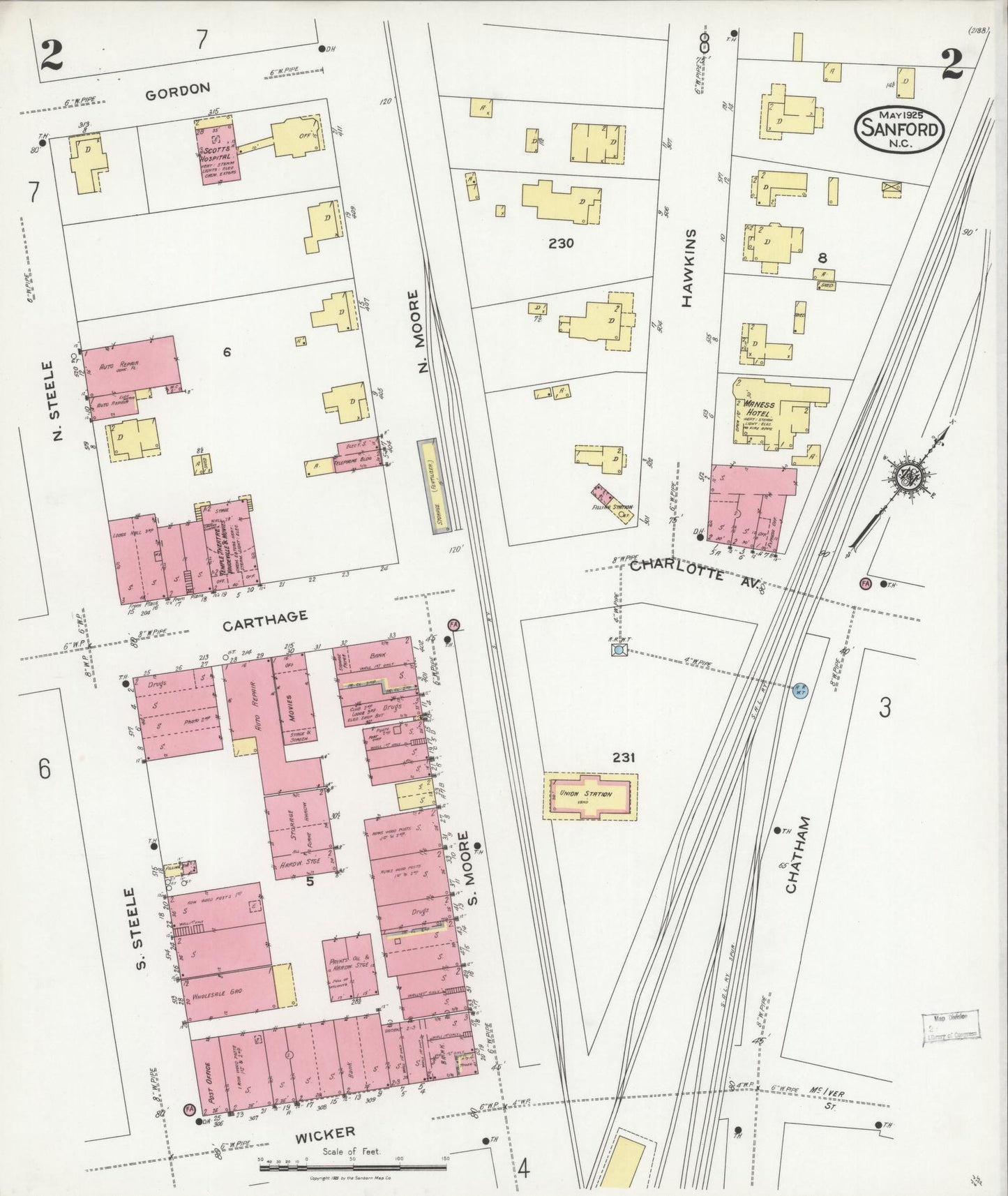 Sanborn Fire Insurance Map from Sanford, Lee County, North Carolina (1925), Sheet #0002 - Complete Map Set gallery image, historic Sanborn map, vintage wall art, North Carolina North Carolina