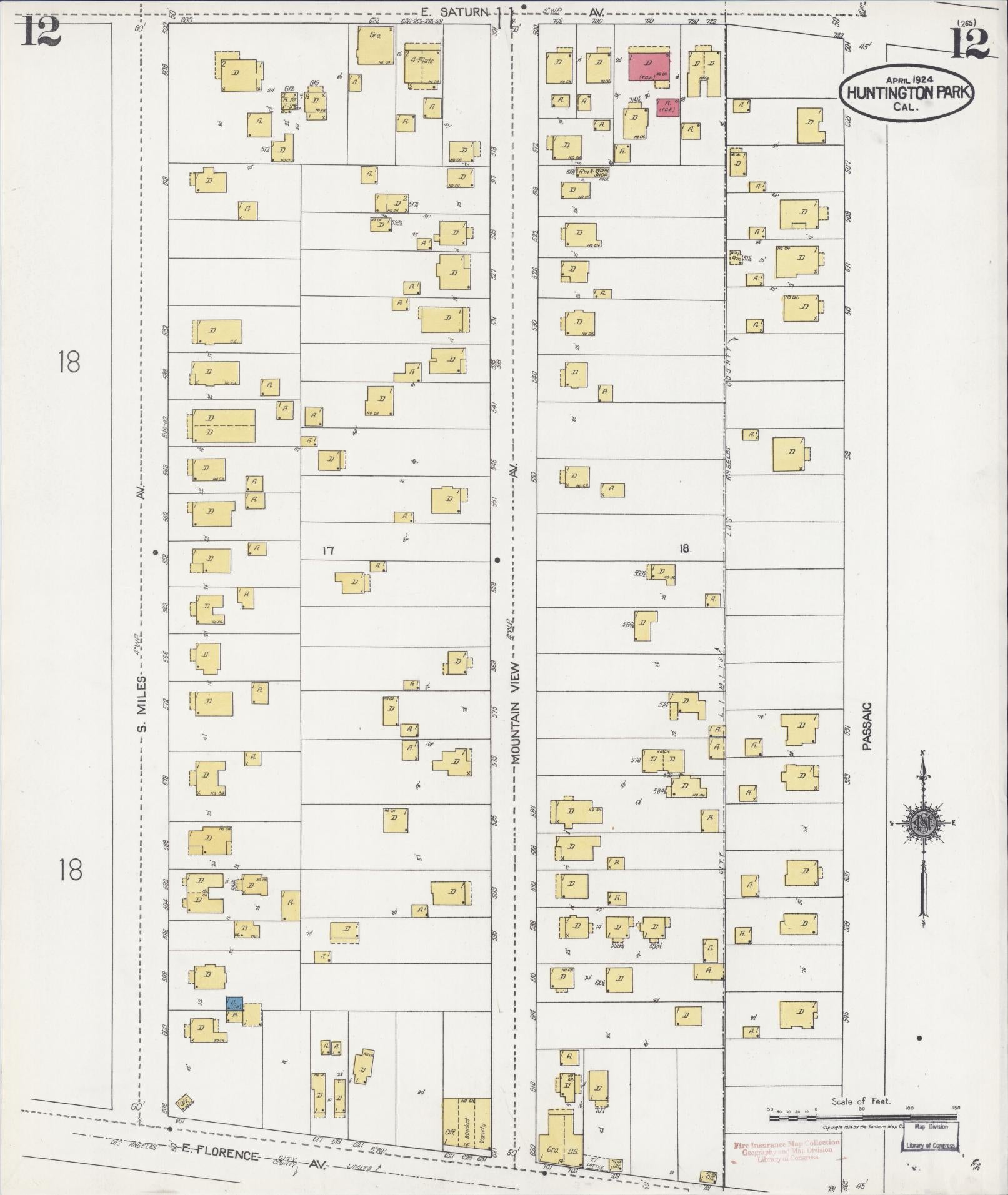 Sanborn Fire Insurance Map from Huntington Park, Los Angeles County, California (1924), Sheet #0012 - Historic Sanborn Fire Insurance Map Print, vintage old map wall art, antique decor, genealogy gift, California California map