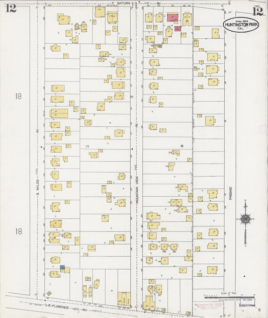 Sanborn Fire Insurance Map from Huntington Park, Los Angeles County, California (1924), Sheet #0012 - Historic Sanborn Fire Insurance Map Print, vintage old map wall art, antique decor, genealogy gift, California California map