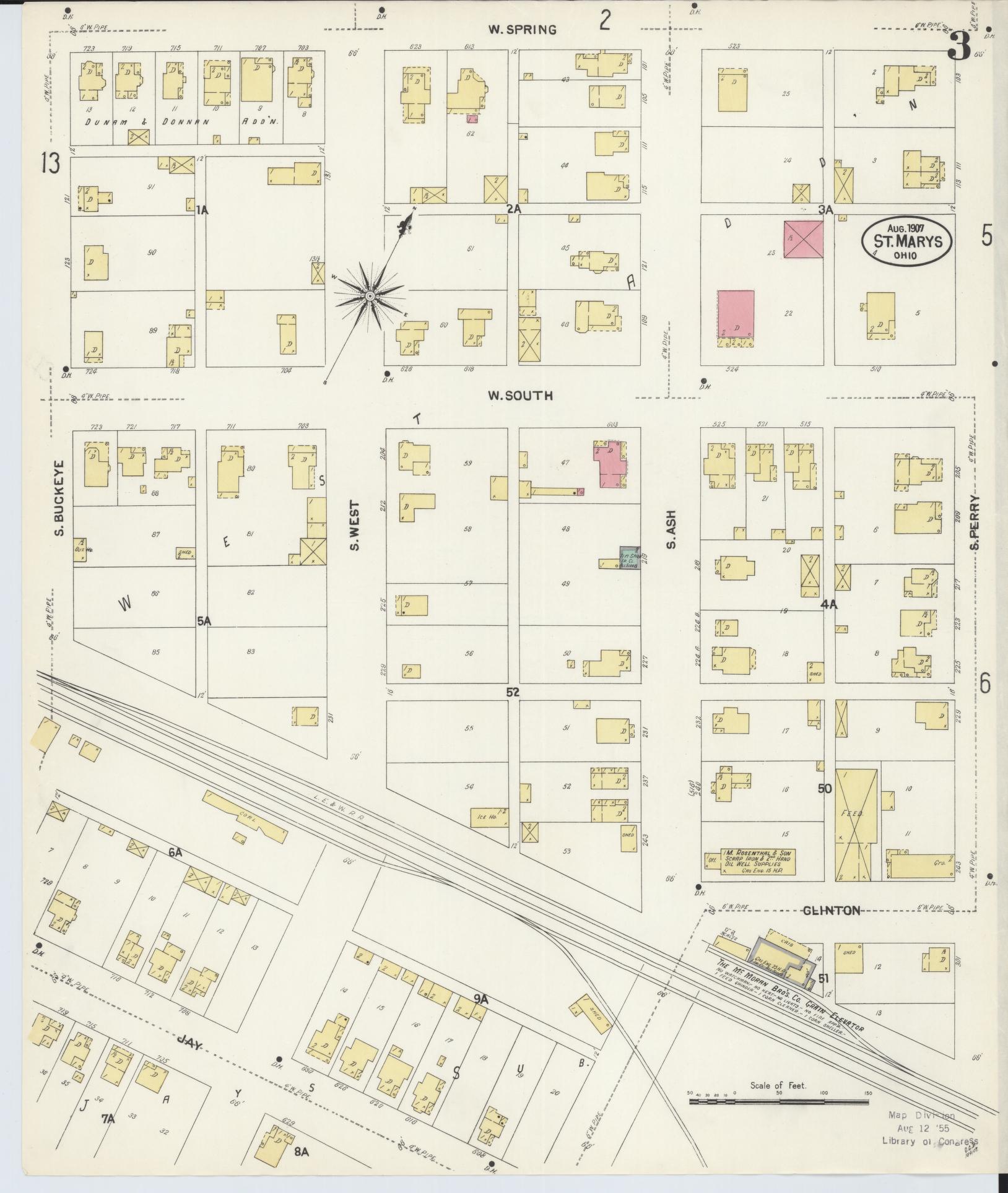 Sanborn Fire Insurance Map from Saint Marys, Auglaize County, Ohio (1907), Sheet #0003 - Historic Sanborn Fire Insurance Map Print, vintage old map wall art, antique decor, genealogy gift, Ohio Ohio map
