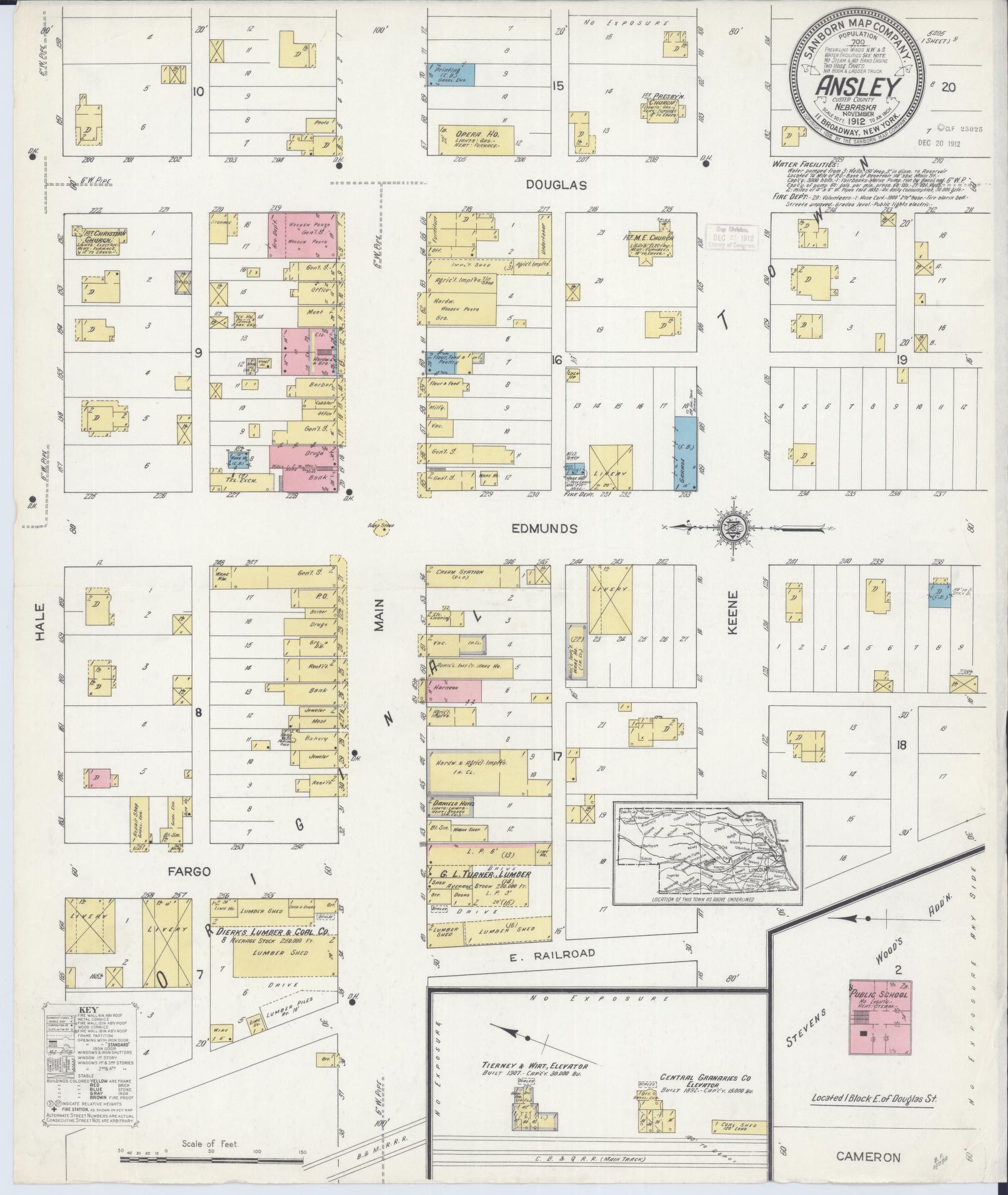 Sanborn Fire Insurance Map from Ansley, Custer County, Nebraska (1912), Sheet #0001 - Historic Sanborn Fire Insurance Map Print, vintage old map wall art, antique decor, genealogy gift, Nebraska Nebraska map