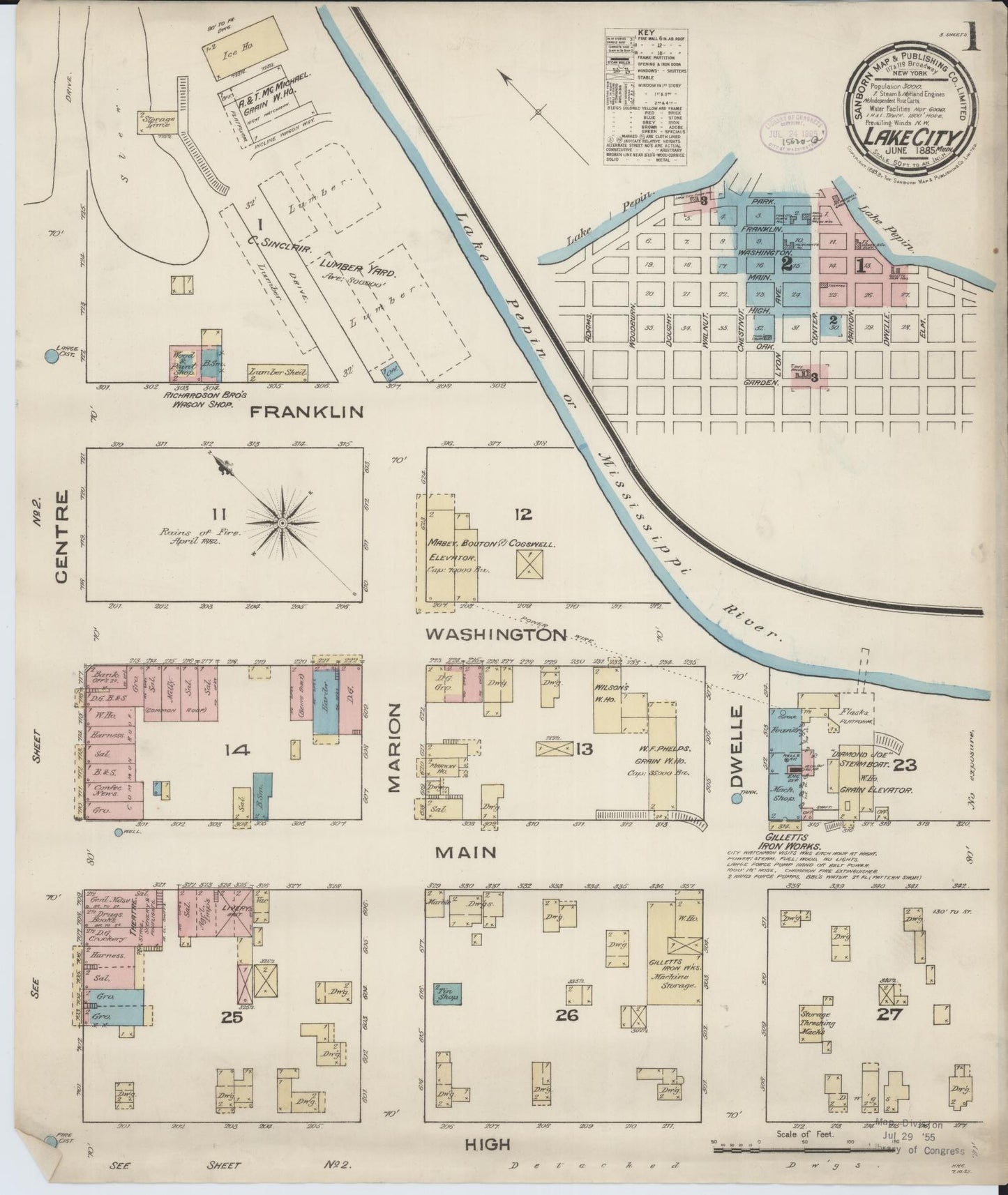 Sanborn Fire Insurance Map from Lake City, Wabasha County, Minnesota (1885), Sheet #0001 - Historic Sanborn Fire Insurance Map Print, vintage old map wall art, antique decor, genealogy gift, Minnesota Minnesota map