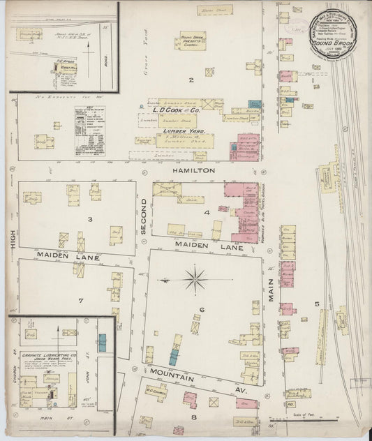 Sanborn Fire Insurance Map from Bound Brook, Somerset County, New Jersey (1885), Sheet #0001 - Historic Sanborn Fire Insurance Map Print, vintage old map wall art, antique decor, genealogy gift, New Jersey New Jersey map