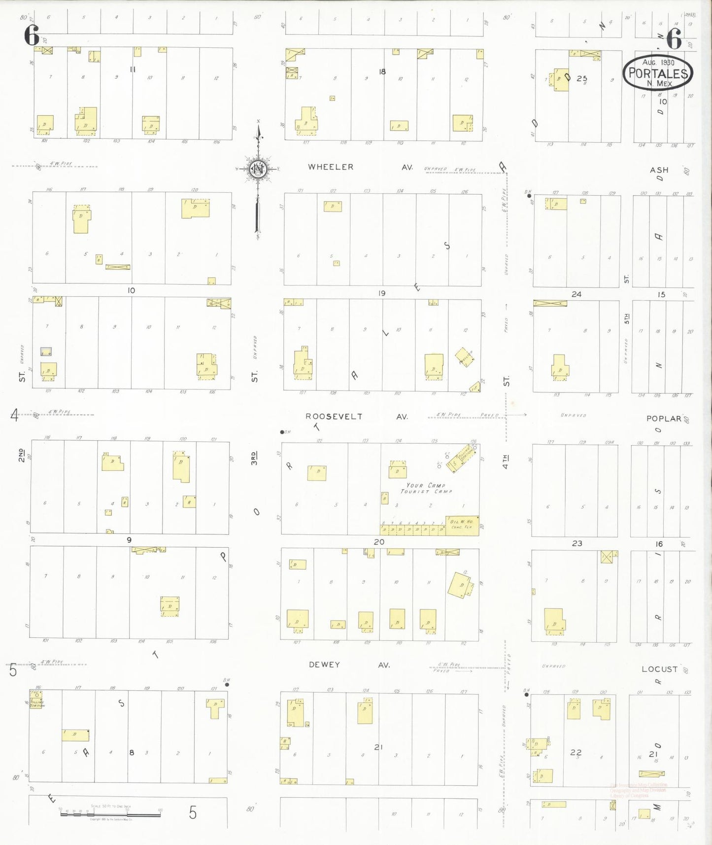 Sanborn Fire Insurance Map from Portales, Roosevelt County, New Mexico (1930), Sheet #0006 - Historic Sanborn Fire Insurance Map Print, vintage old map wall art, antique decor, genealogy gift, New Mexico New Mexico map