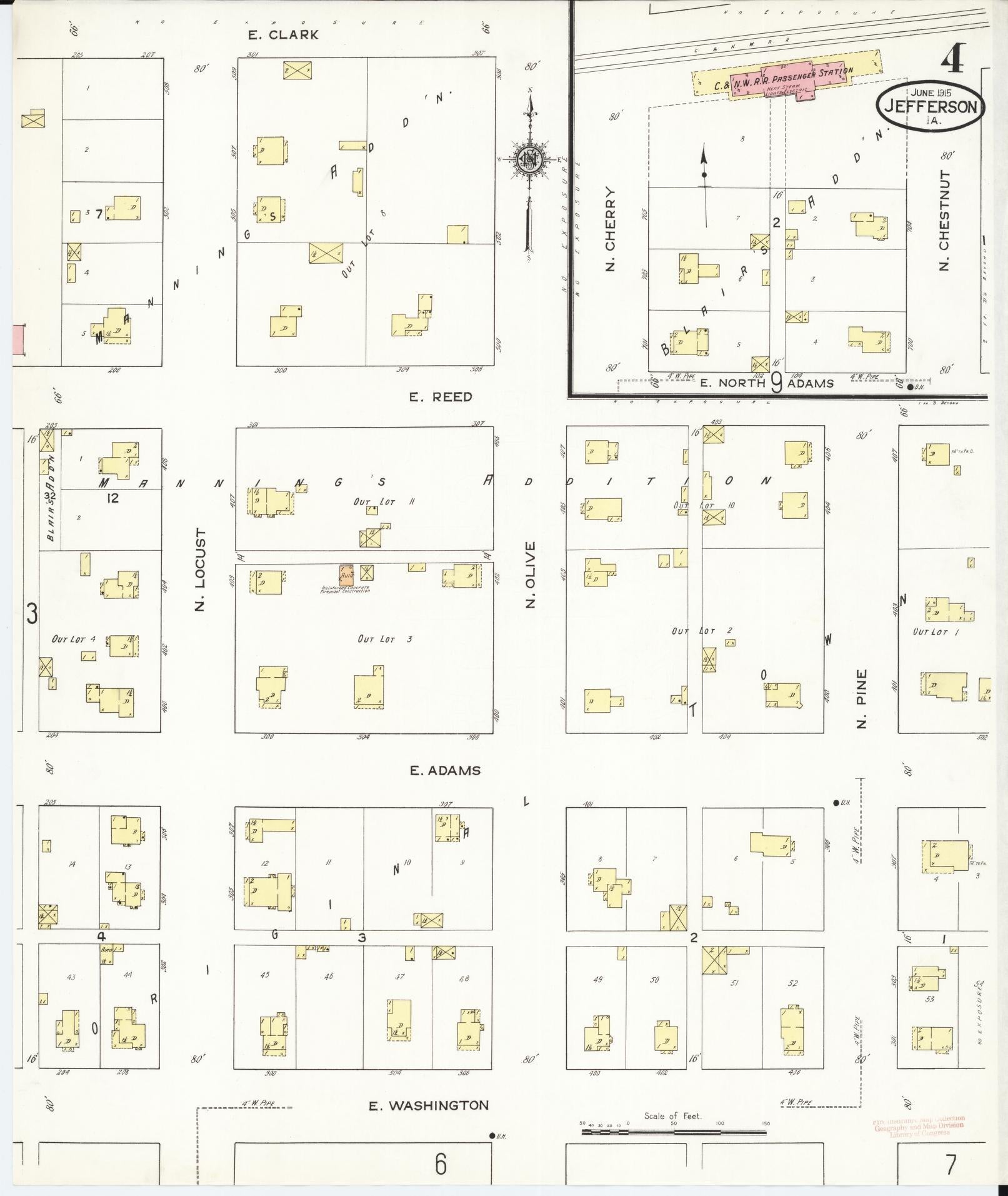 Sanborn Fire Insurance Map from Jefferson, Greene County, Iowa (1915), Sheet #0004 - Historic Sanborn Fire Insurance Map Print, vintage old map wall art