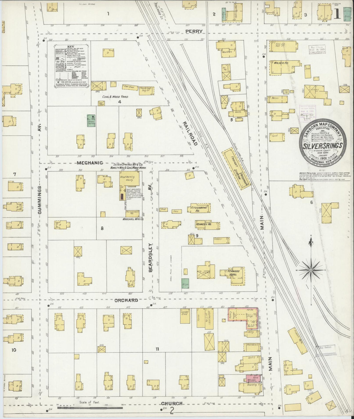 Sanborn Fire Insurance Map from Silver Springs, Wyoming County, New York (1905), Sheet #0001 - Historic Sanborn Fire Insurance Map Print, vintage old map wall art, antique decor, genealogy gift, Silver Springs Wyoming map