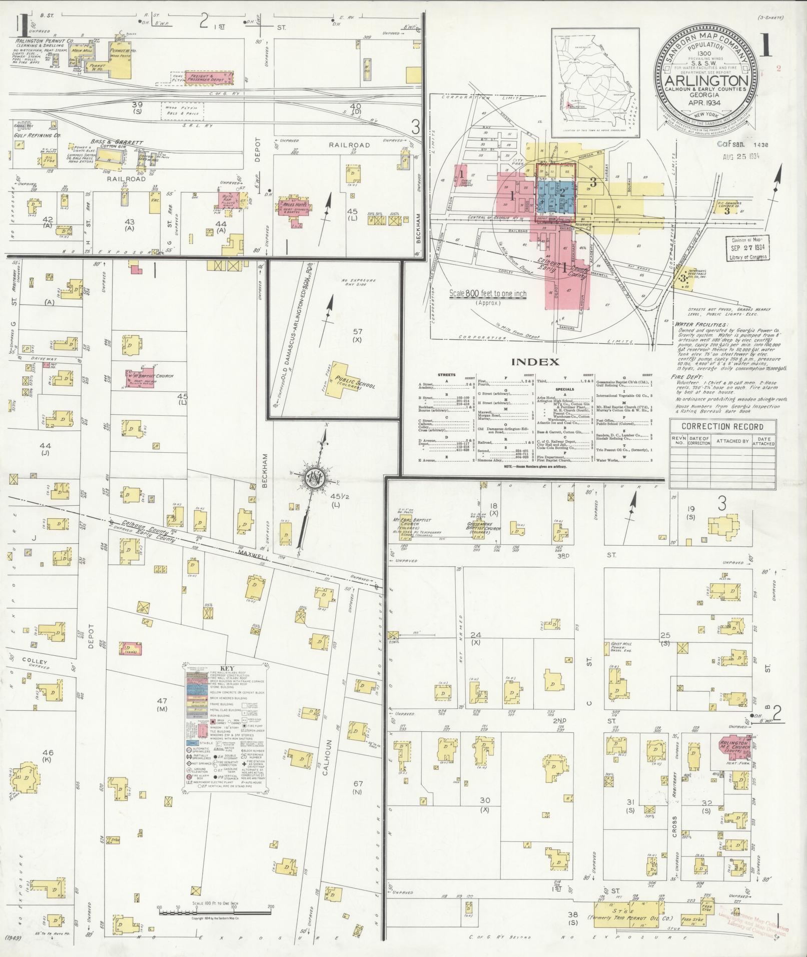 Sanborn Fire Insurance Map from Arlington, Calhoun County And Early County, Georgia (1934), Sheet #0001 - Complete Map Set gallery image, historic Sanborn map, vintage wall art, Georgia Georgia