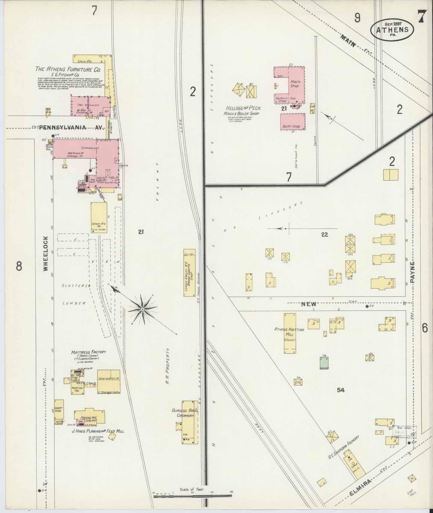 Sanborn Fire Insurance Map from Athens, Bradford County, Pennsylvania (1897), Sheet #0007 - Historic Sanborn Fire Insurance Map Print, vintage old map wall art, antique decor, genealogy gift, Pennsylvania Pennsylvania map