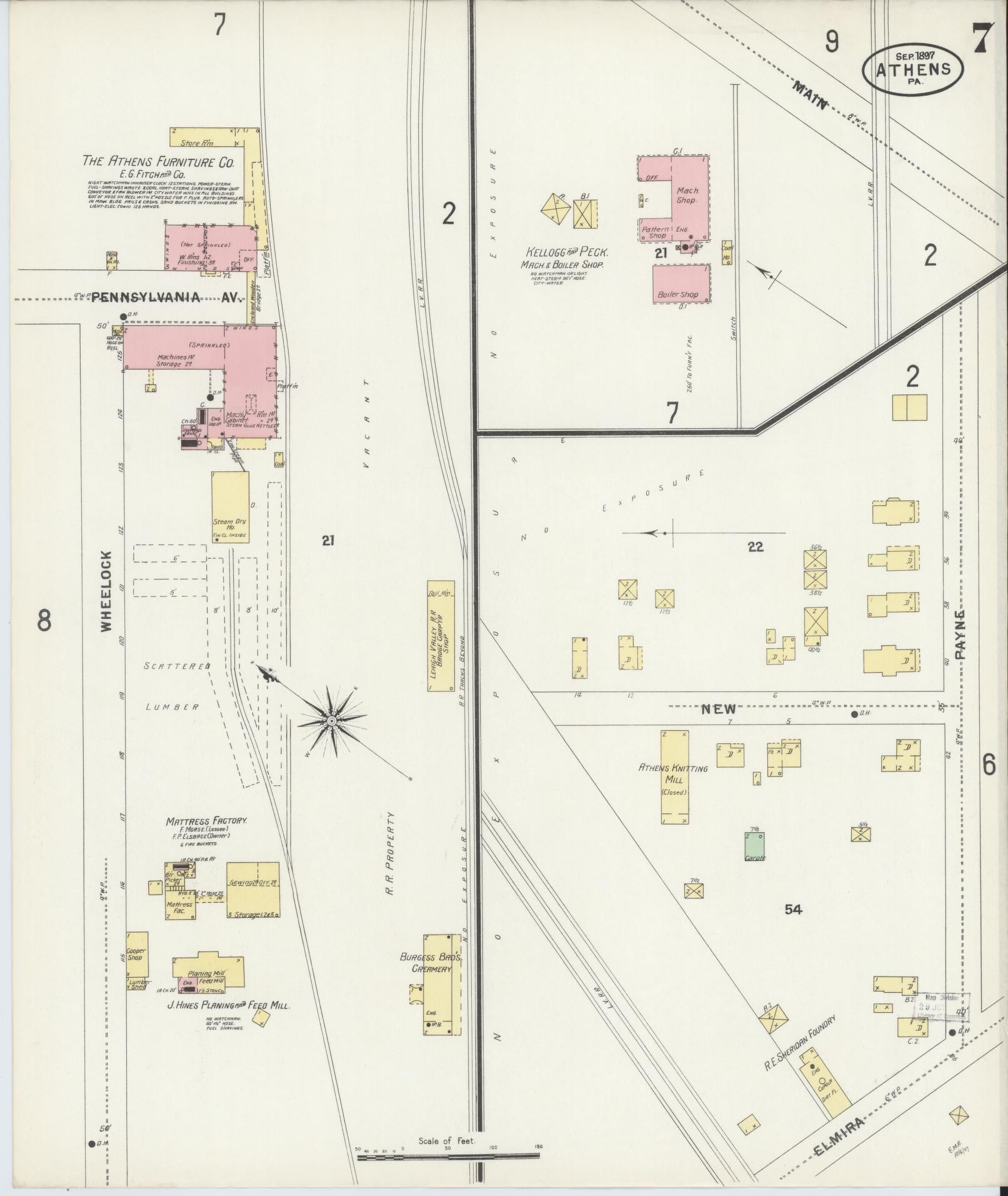 Sanborn Fire Insurance Map from Athens, Bradford County, Pennsylvania (1897), Sheet #0007 - Historic Sanborn Fire Insurance Map Print, vintage old map wall art, antique decor, genealogy gift, Pennsylvania Pennsylvania map