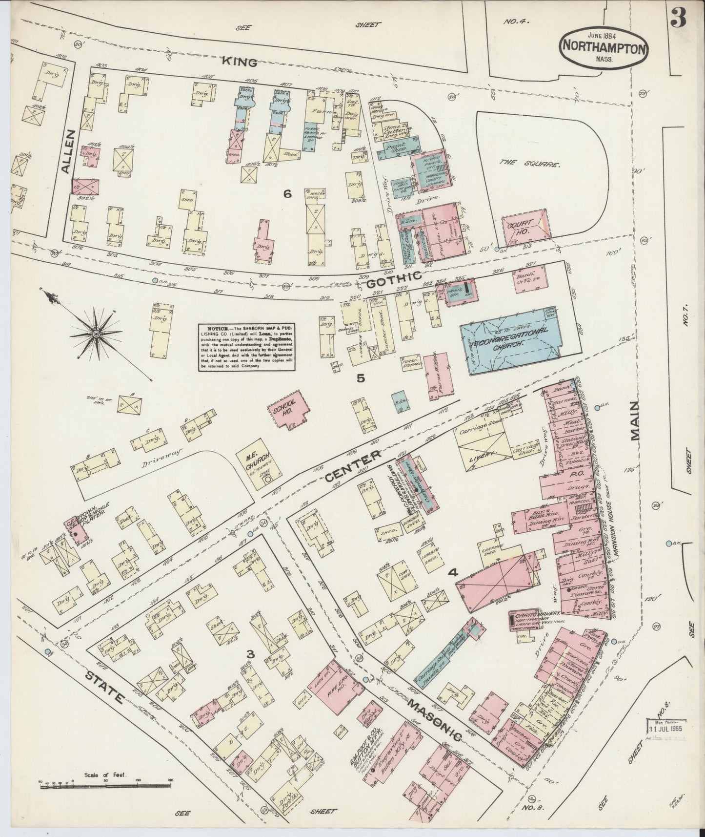 Sanborn Fire Insurance Map from Northampton, Hampshire County, Massachusetts (1884), Sheet #0003 - Historic Sanborn Fire Insurance Map Print, vintage old map wall art, antique decor, genealogy gift, Massachusetts Massachusetts map