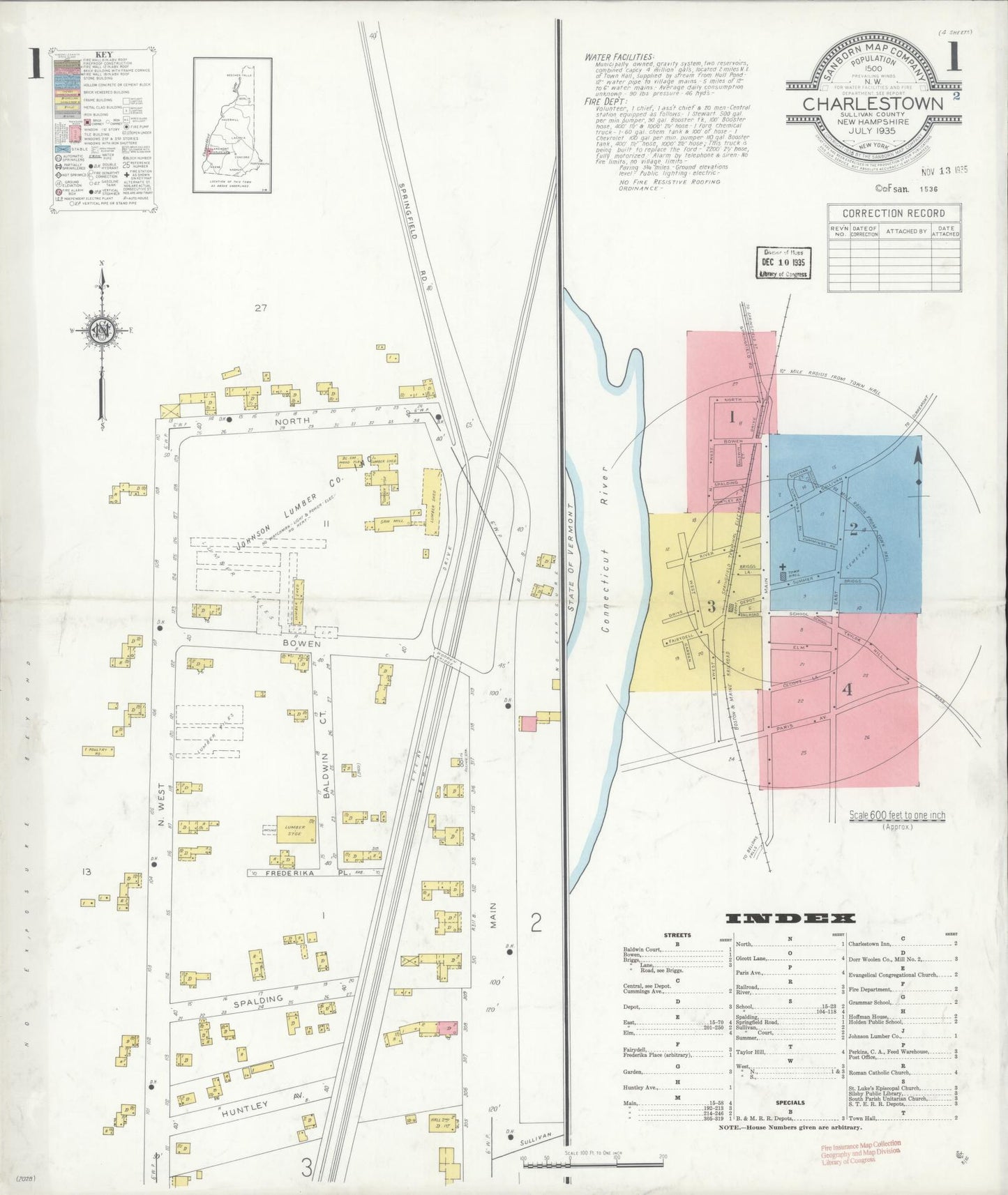 Sanborn Fire Insurance Map from Charlestown, Sullivan County, New Hampshire (1935), Sheet #0001 - Complete Map Set gallery image, historic Sanborn map, vintage wall art, New Hampshire New Hampshire