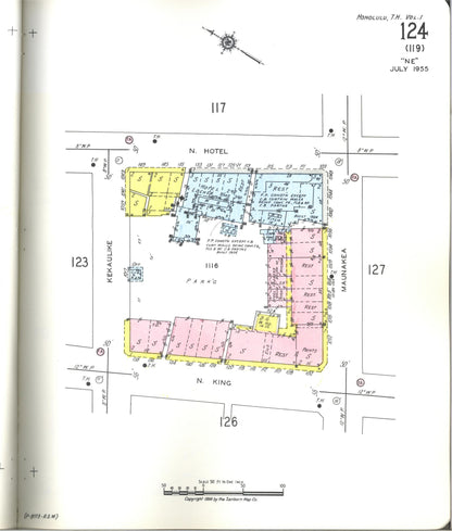 Sanborn Fire Insurance Map from Honolulu, Oahu County, Hawaii (1955), Sheet #0124 - Historic Sanborn Fire Insurance Map Print, vintage old map wall art