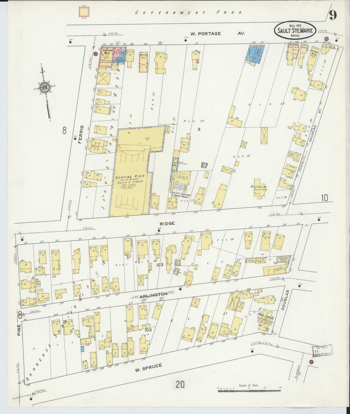 Sanborn Fire Insurance Map from Sault Sainte Marie, Chippewa County, Michigan (1915), Sheet #0009 - Historic Sanborn Fire Insurance Map Print, vintage old map wall art, antique decor, genealogy gift, Michigan Michigan map