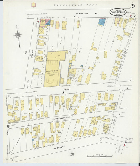 Sanborn Fire Insurance Map from Sault Sainte Marie, Chippewa County, Michigan (1915), Sheet #0009 - Historic Sanborn Fire Insurance Map Print, vintage old map wall art, antique decor, genealogy gift, Michigan Michigan map