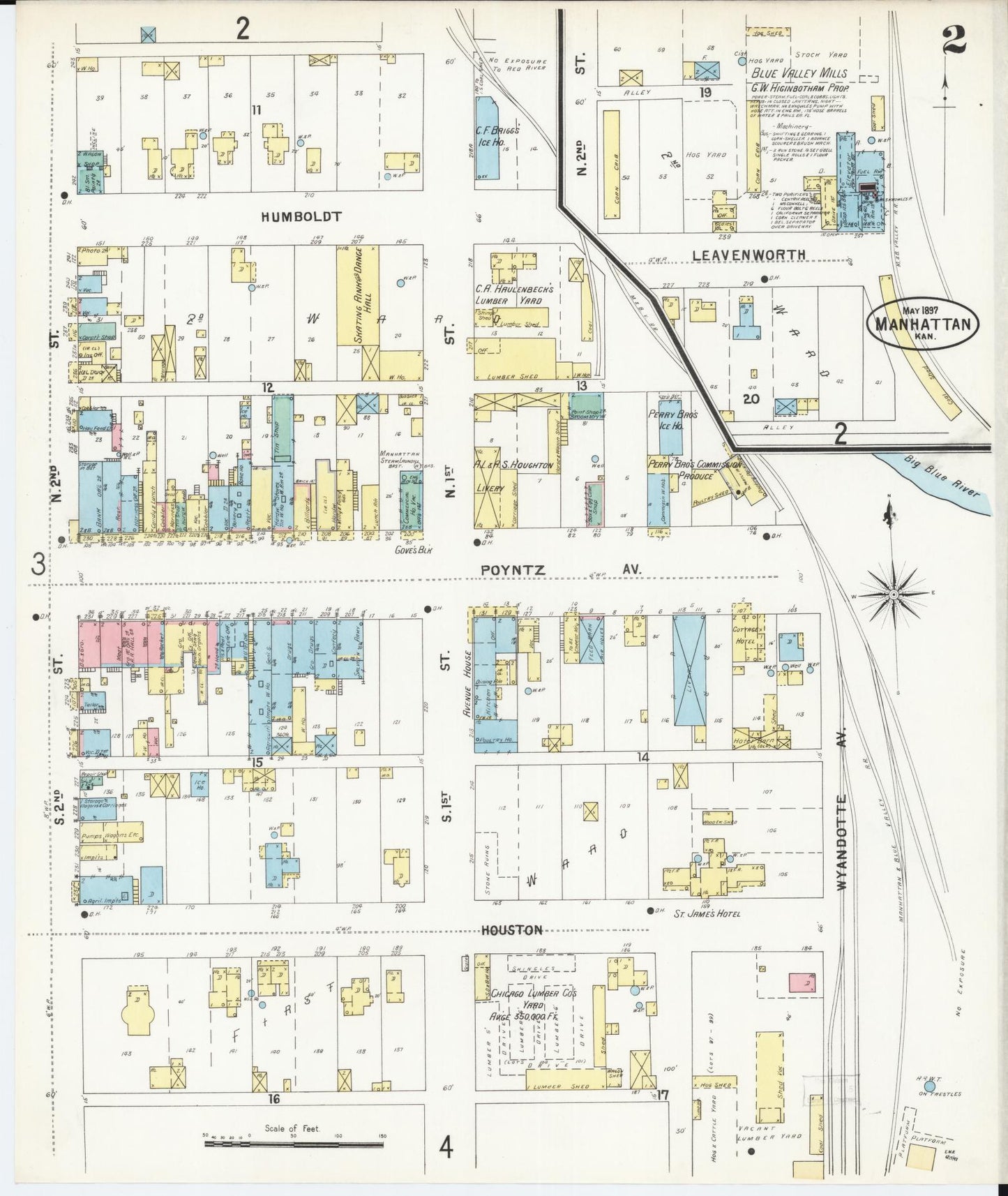 Sanborn Fire Insurance Map from Manhattan, Riley County, Kansas (1897), Sheet #0002 - Complete Map Set gallery image, historic Sanborn map, vintage wall art, Kansas Kansas