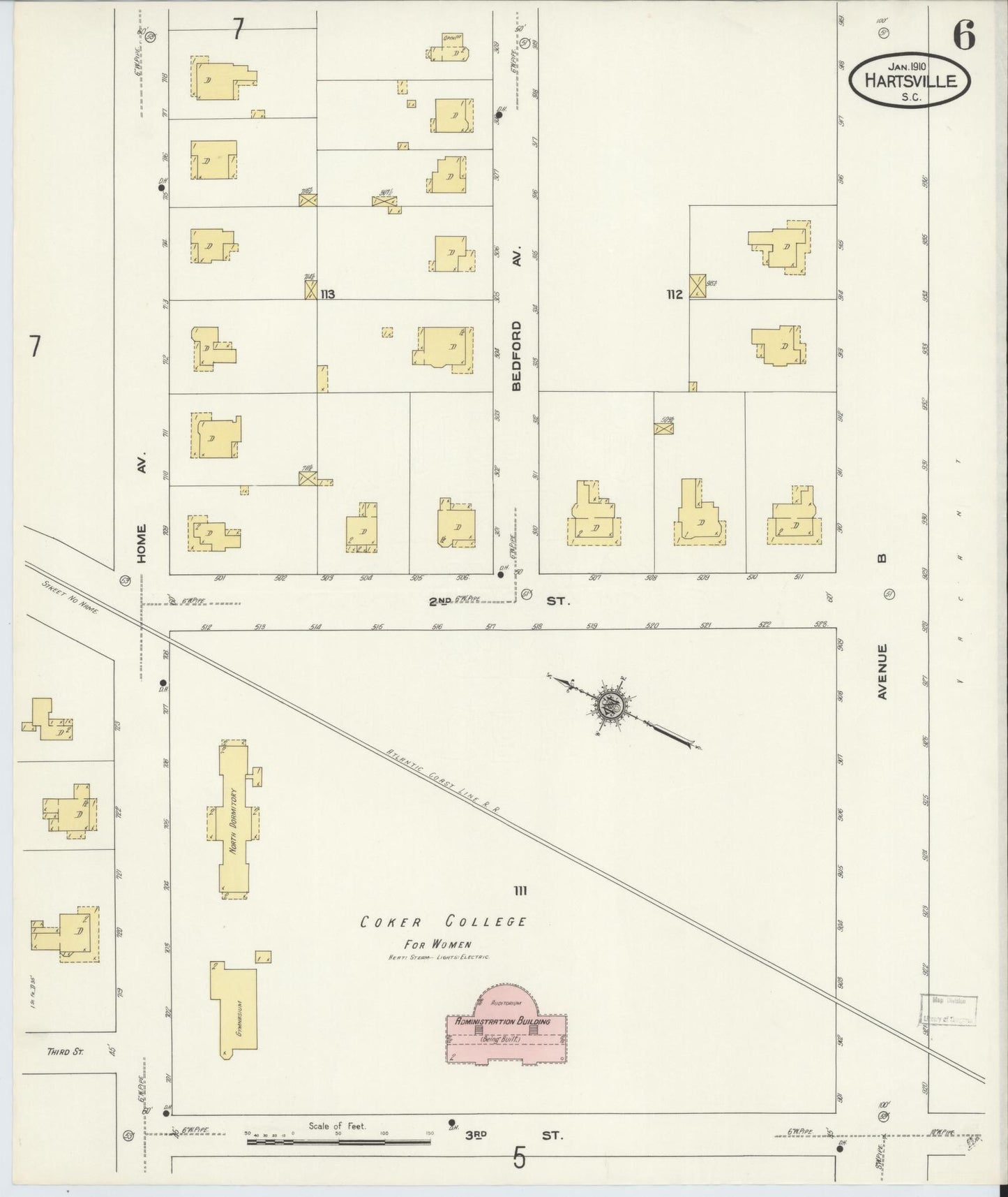 Sanborn Fire Insurance Map from Hartsville, Darlington County, South Carolina (1910), Sheet #0006 - Complete Map Set gallery image, historic Sanborn map, vintage wall art, South Carolina South Carolina