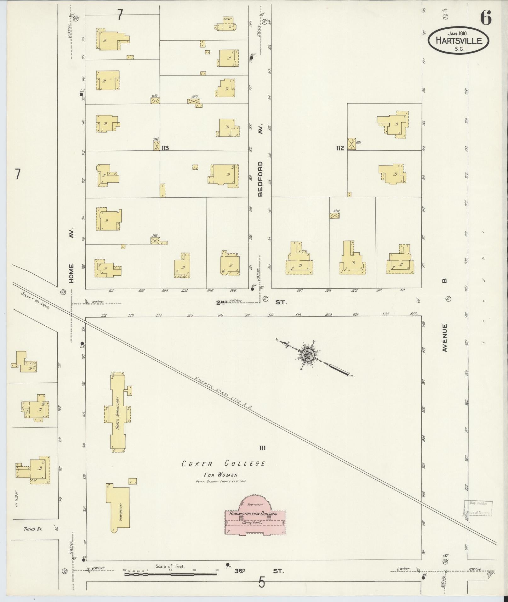 Sanborn Fire Insurance Map from Hartsville, Darlington County, South Carolina (1910), Sheet #0006 - Complete Map Set gallery image, historic Sanborn map, vintage wall art, South Carolina South Carolina