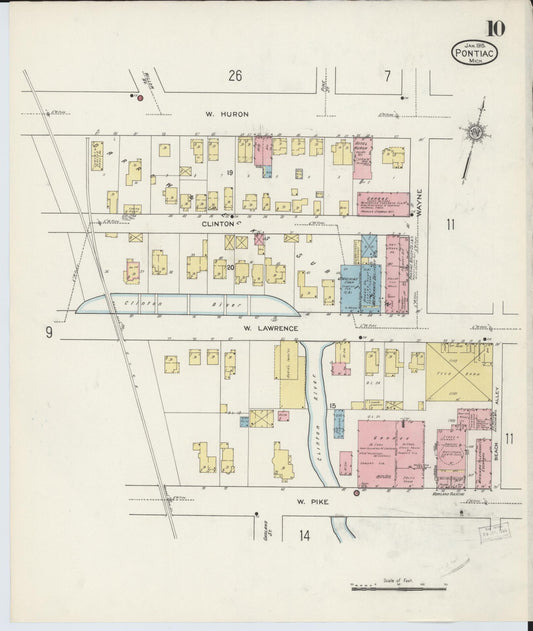 Sanborn Fire Insurance Map from Pontiac, Oakland County, Michigan (1915), Sheet #0010 - Historic Sanborn Fire Insurance Map Print, vintage old map wall art, antique decor, genealogy gift, Michigan Michigan map