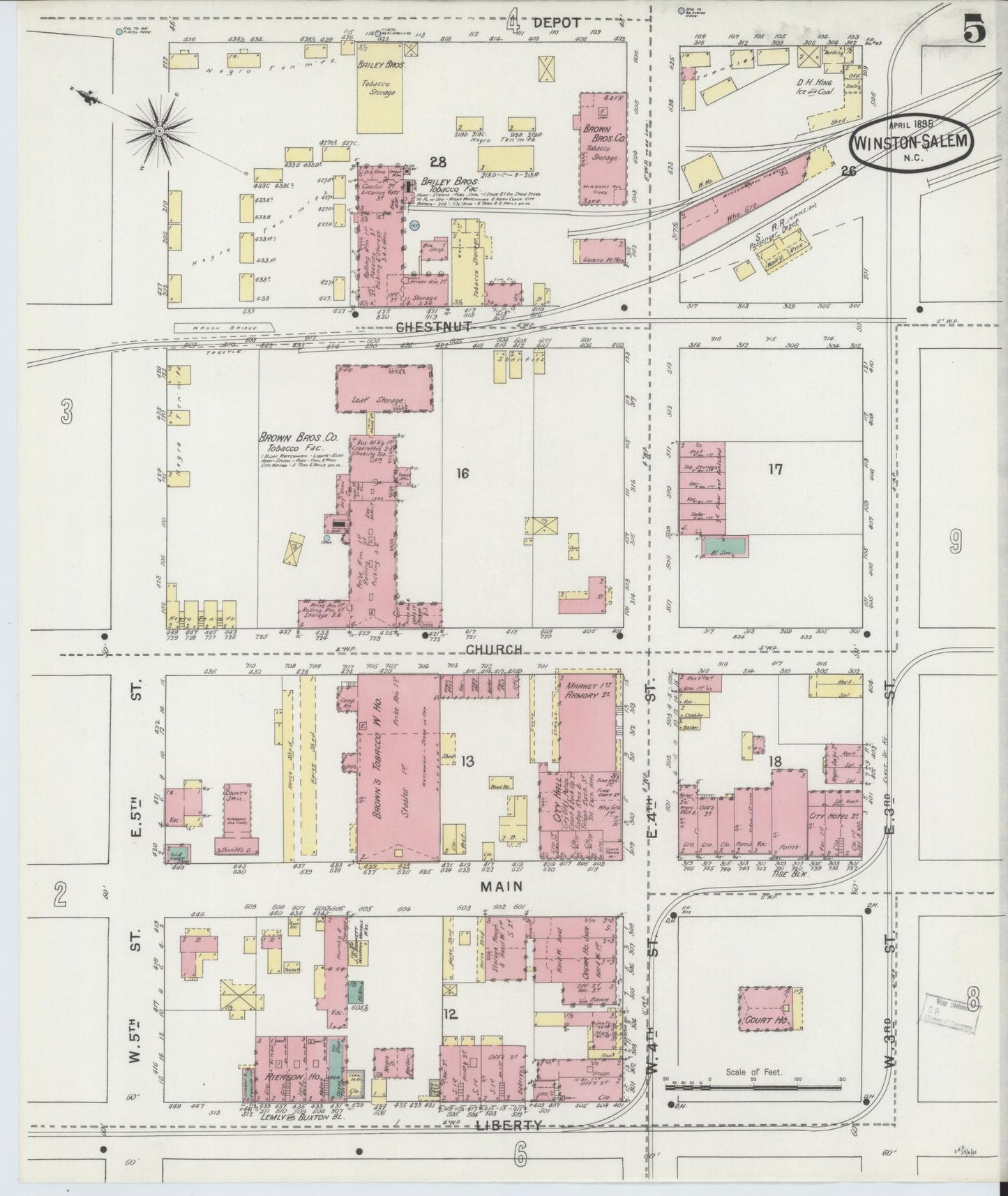 Sanborn Fire Insurance Map from Winston-Salem, Forsyth County, North Carolina (1895), Sheet #0005 - Complete Map Set gallery image, historic Sanborn map, vintage wall art, North Carolina North Carolina