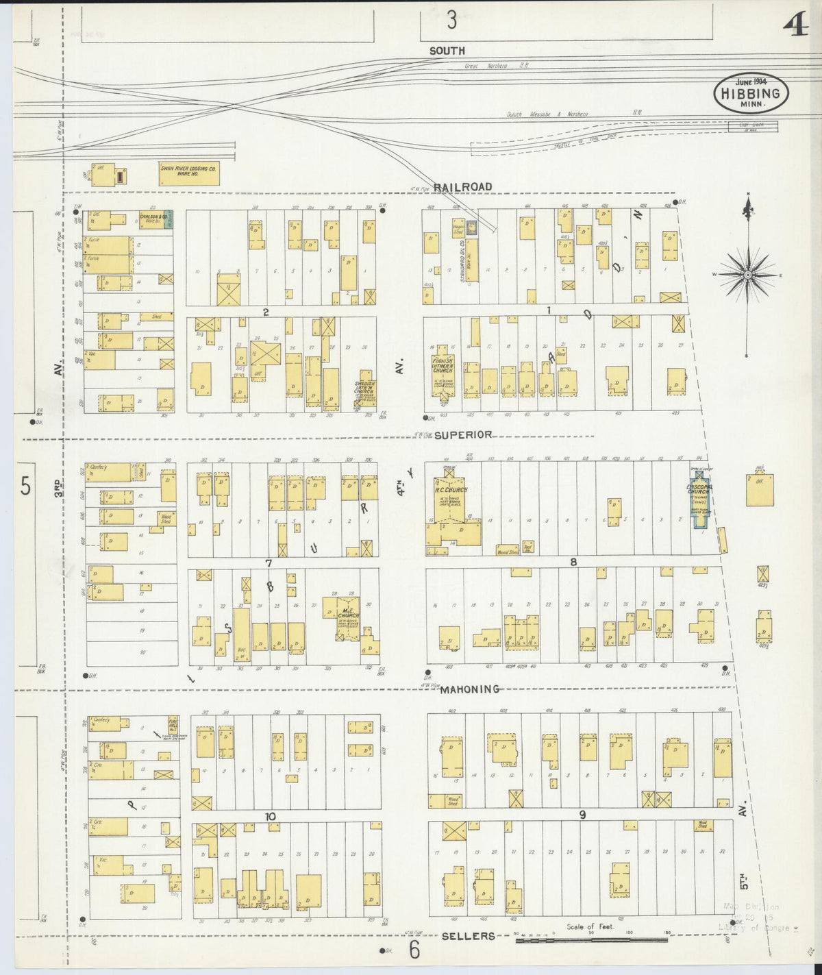 Sanborn Fire Insurance Map from Hibbing, Saint Louis County, Minnesota (1904), Sheet #0004 - Historic Sanborn Fire Insurance Map Print, vintage old map wall art, antique decor, genealogy gift, Minnesota Minnesota map