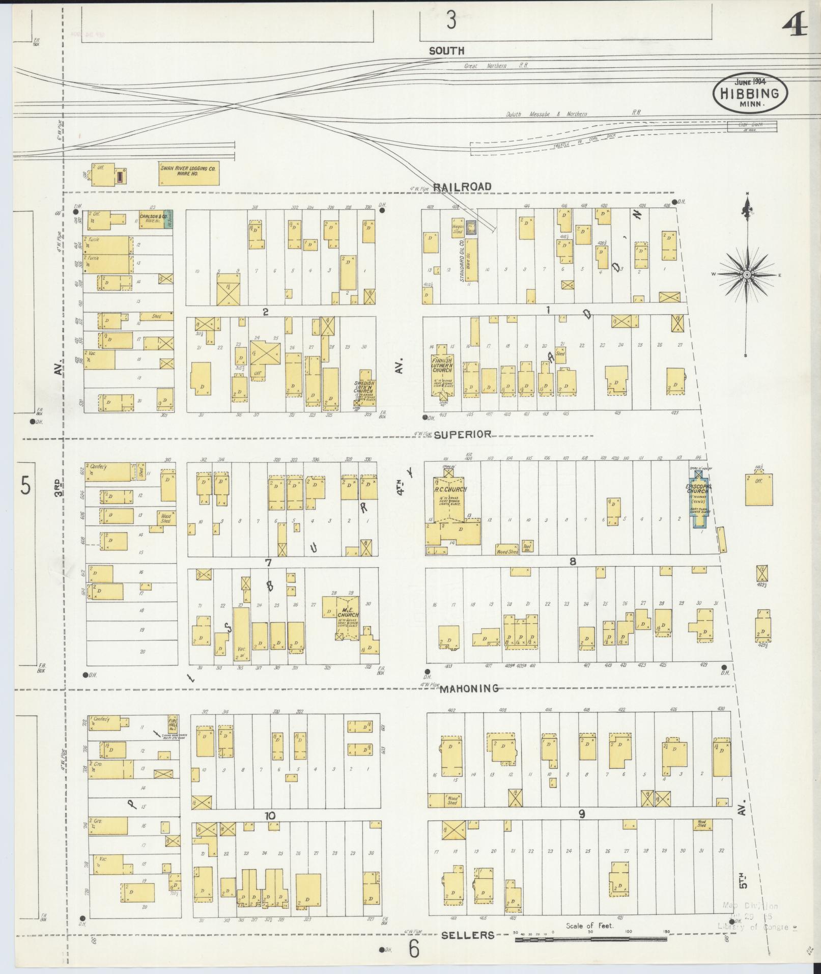 Sanborn Fire Insurance Map from Hibbing, Saint Louis County, Minnesota (1904), Sheet #0004 - Historic Sanborn Fire Insurance Map Print, vintage old map wall art, antique decor, genealogy gift, Minnesota Minnesota map