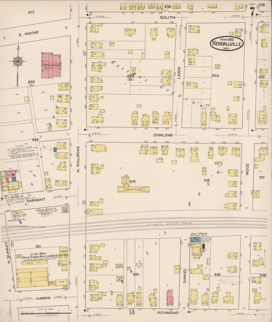 Sanborn Fire Insurance Map from Kendallville, Noble County, Indiana (1922), Sheet #0007 - Historic Sanborn Fire Insurance Map Print, vintage old map wall art, antique decor, genealogy gift, Indiana Indiana map