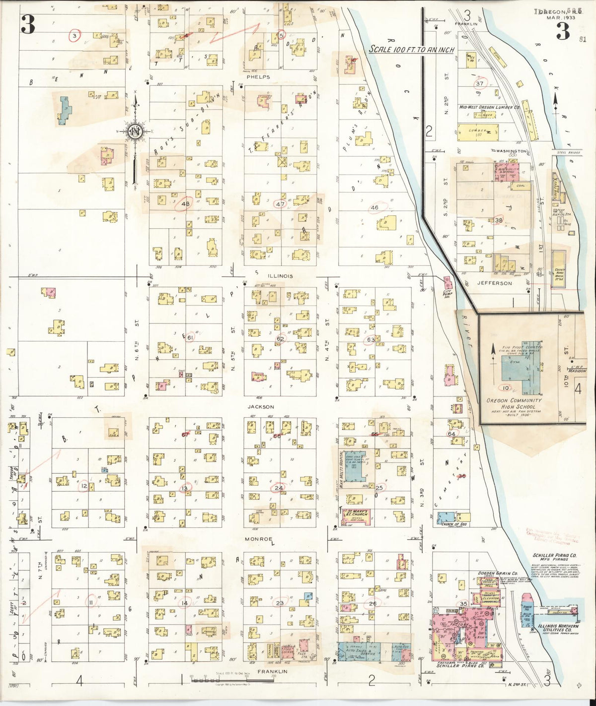 Sanborn Fire Insurance Map from Oregon, Ogle County, Illinois (1943), Sheet #0003 - Historic Sanborn Fire Insurance Map Print, vintage old map wall art, antique decor, genealogy gift, Oregon Oregon map