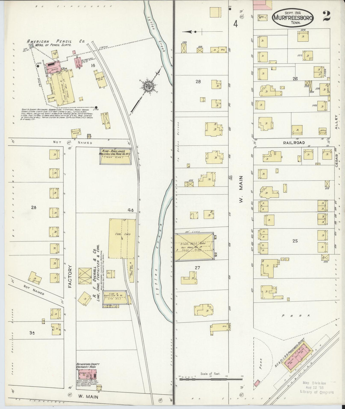 Sanborn Fire Insurance Map from Murfreesboro, Rutherford County, Tennessee (1914), Sheet #0002 - Historic Sanborn Fire Insurance Map Print, vintage old map wall art, antique decor, genealogy gift, Tennessee Tennessee map
