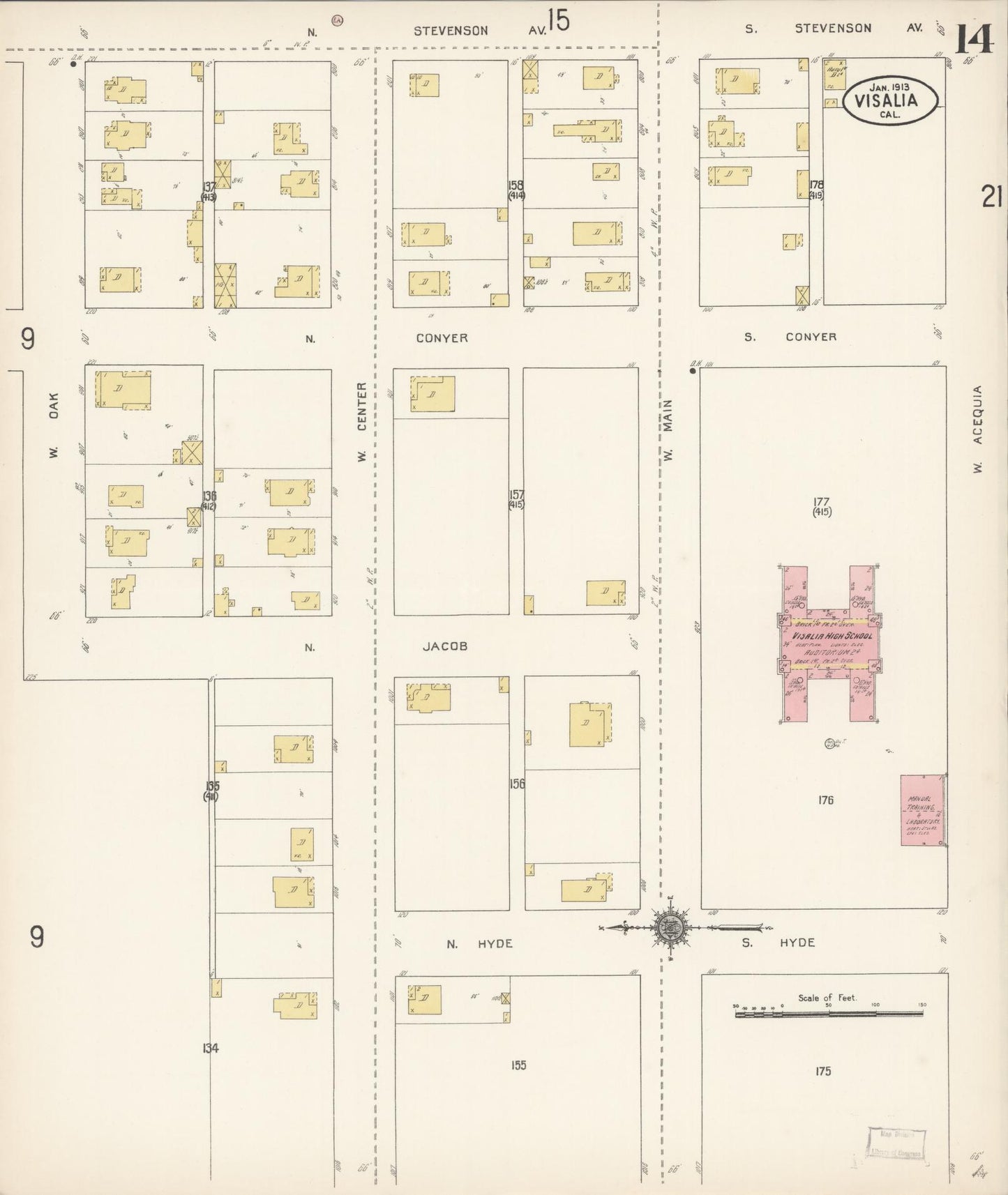 Sanborn Fire Insurance Map from Visalia, Tulare County, California (1913), Sheet #0014 - Complete Map Set gallery image, historic Sanborn map, vintage wall art, California California