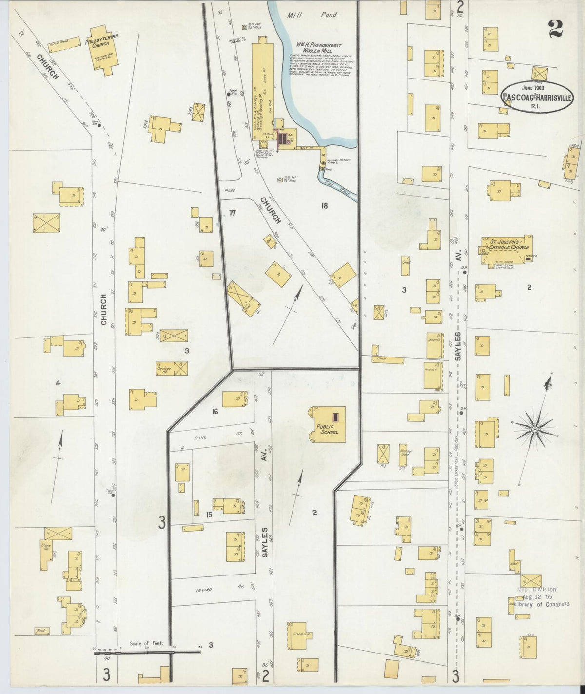 Sanborn Fire Insurance Map from Pascoag, Providence County, Rhode Island (1903), Sheet #0002 - Historic Sanborn Fire Insurance Map Print, vintage old map wall art, antique decor, genealogy gift, Rhode Island Rhode Island map