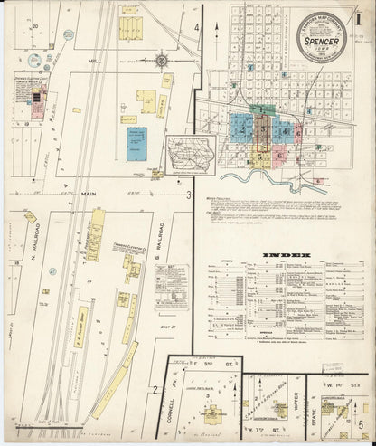 Sanborn Fire Insurance Map from Spencer, Clay County, Iowa (1915), Sheet #0001 - Historic Sanborn Fire Insurance Map Print, vintage old map wall art