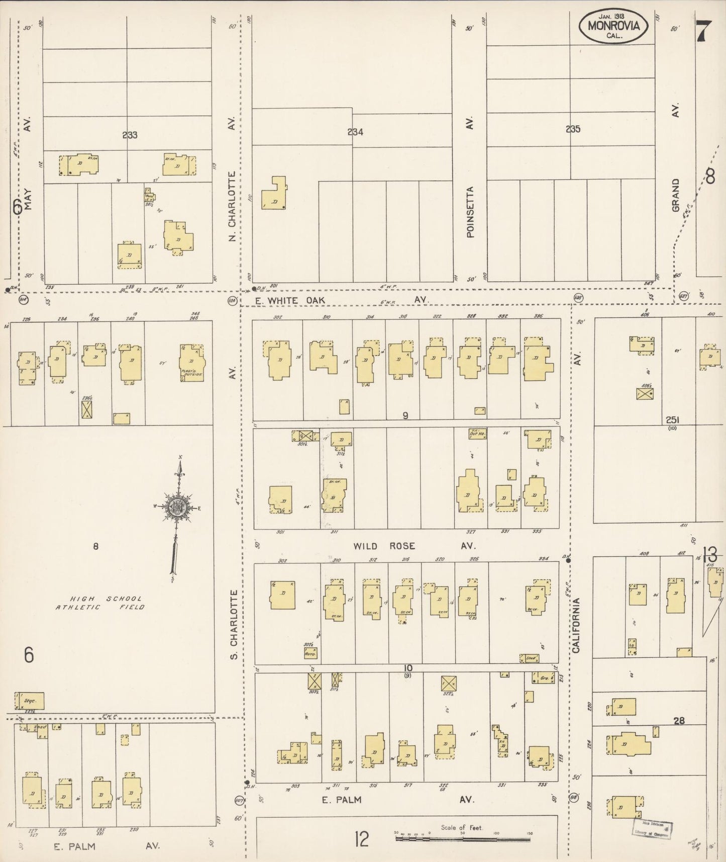 Sanborn Fire Insurance Map from Monrovia, Los Angeles County, California (1913), Sheet #0007 - Complete Map Set gallery image, historic Sanborn map, vintage wall art, California California