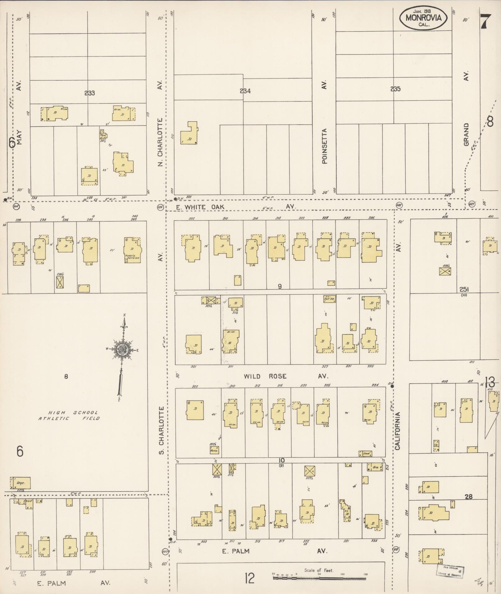 Sanborn Fire Insurance Map from Monrovia, Los Angeles County, California (1913), Sheet #0007 - Complete Map Set gallery image, historic Sanborn map, vintage wall art, California California