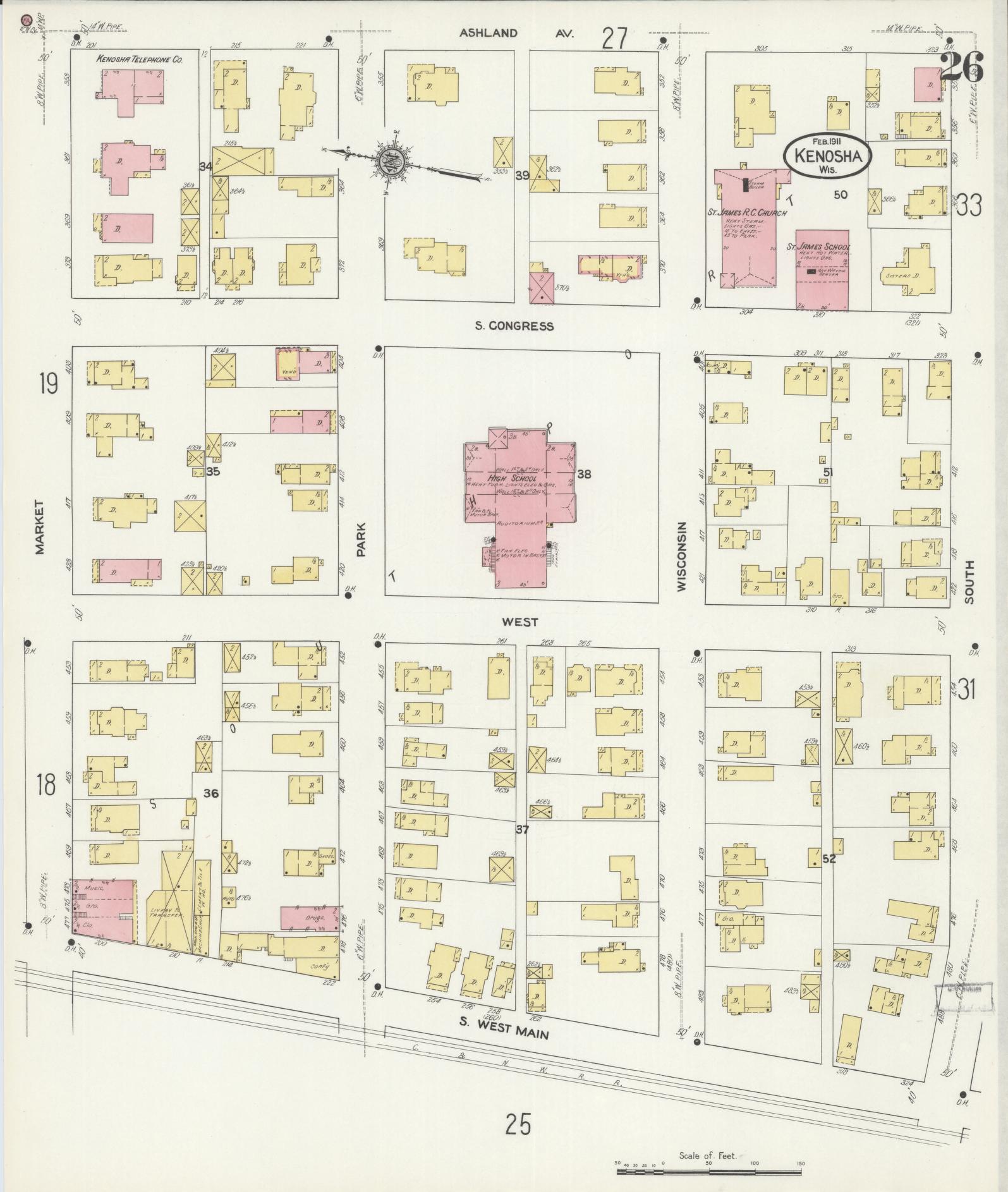 Sanborn Fire Insurance Map from Kenosha, Kenosha County, Wisconsin (1911), Sheet #0026 - Historic Sanborn Fire Insurance Map Print, vintage old map wall art, antique decor, genealogy gift, Wisconsin Wisconsin map