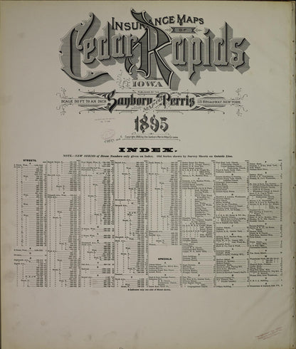 Sanborn Fire Insurance Map from Cedar Rapids, Linn County, Iowa (1895), Sheet #0001 - Historic Sanborn Fire Insurance Map Print, vintage old map wall art