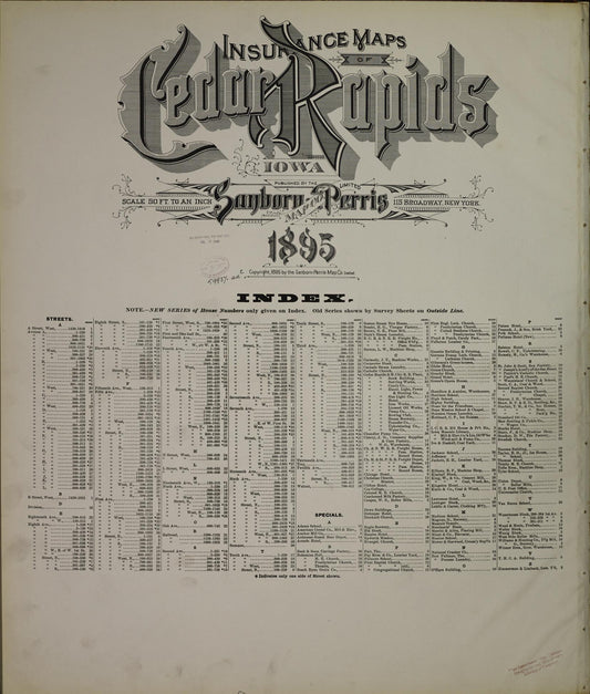 Sanborn Fire Insurance Map from Cedar Rapids, Linn County, Iowa (1895), Sheet #0001 - Historic Sanborn Fire Insurance Map Print, vintage old map wall art