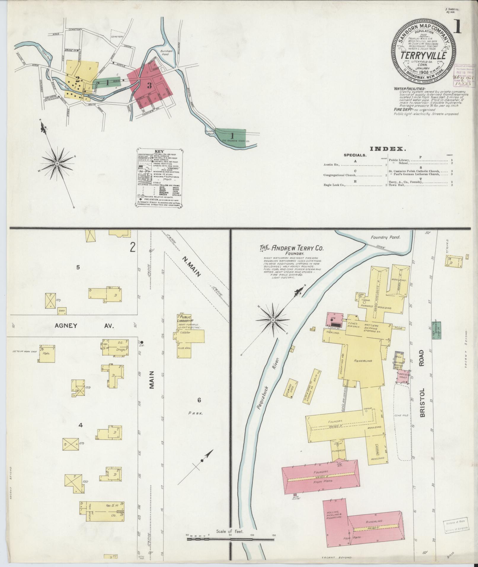 Sanborn Fire Insurance Map from Terryville, Litchfield County, Connecticut (1908), Sheet #0001 - Complete Map Set gallery image, historic Sanborn map, vintage wall art, Connecticut Connecticut